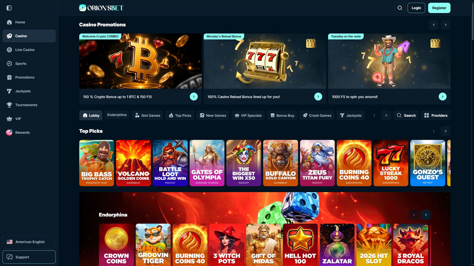 OrionsBet — Lobby (Desktop)