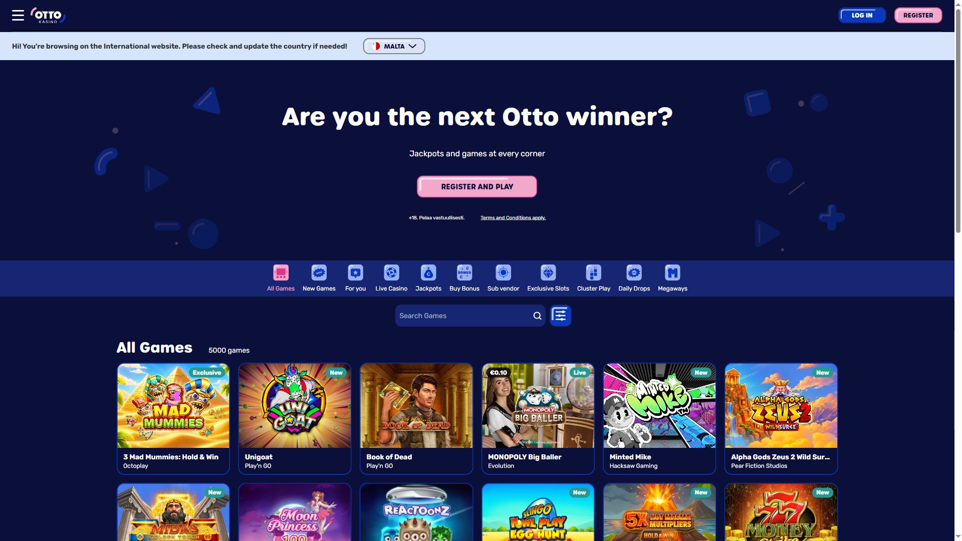 Otto Kasino — Homepage (Desktop)