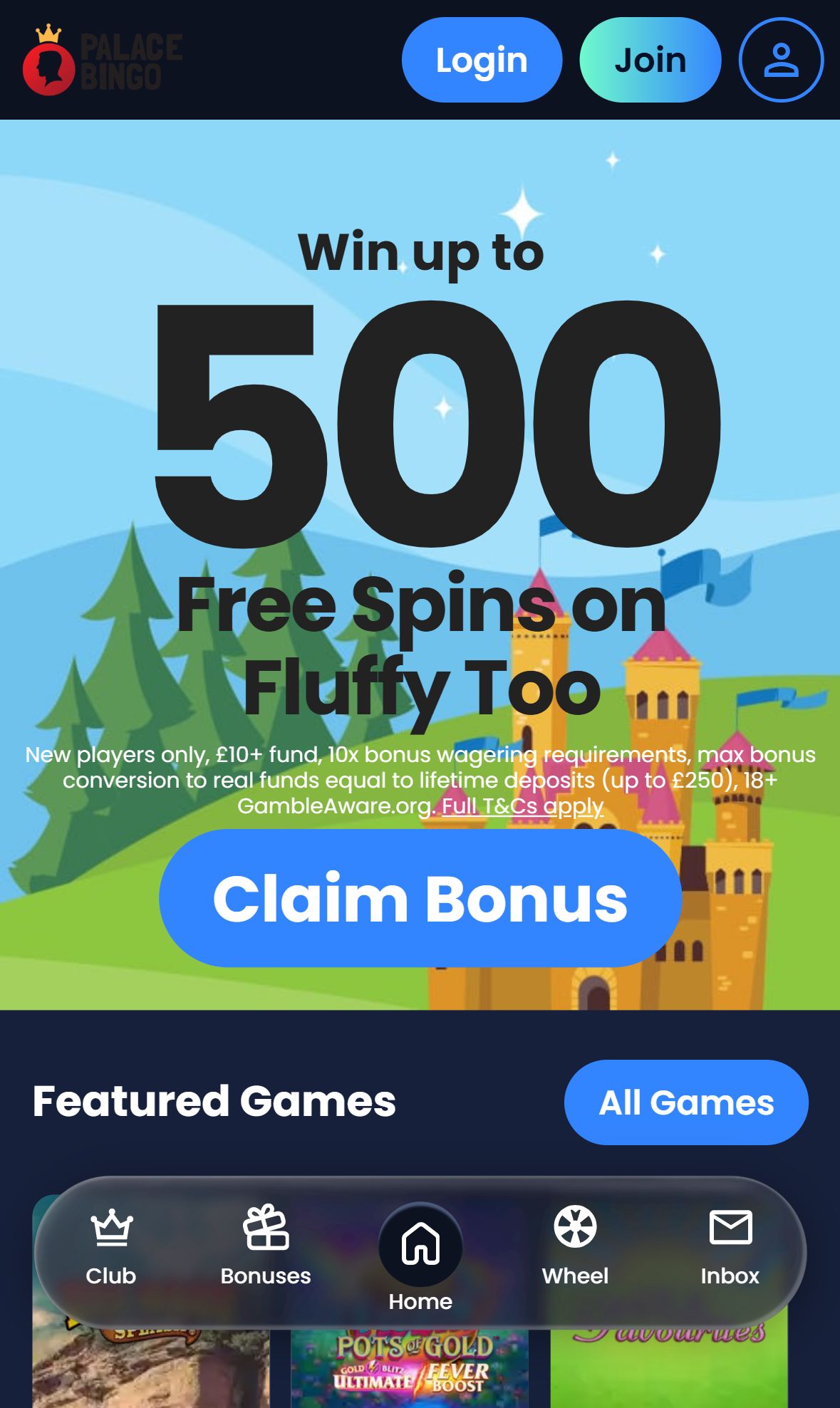 Palace Bingo — Homepage (Mobile)