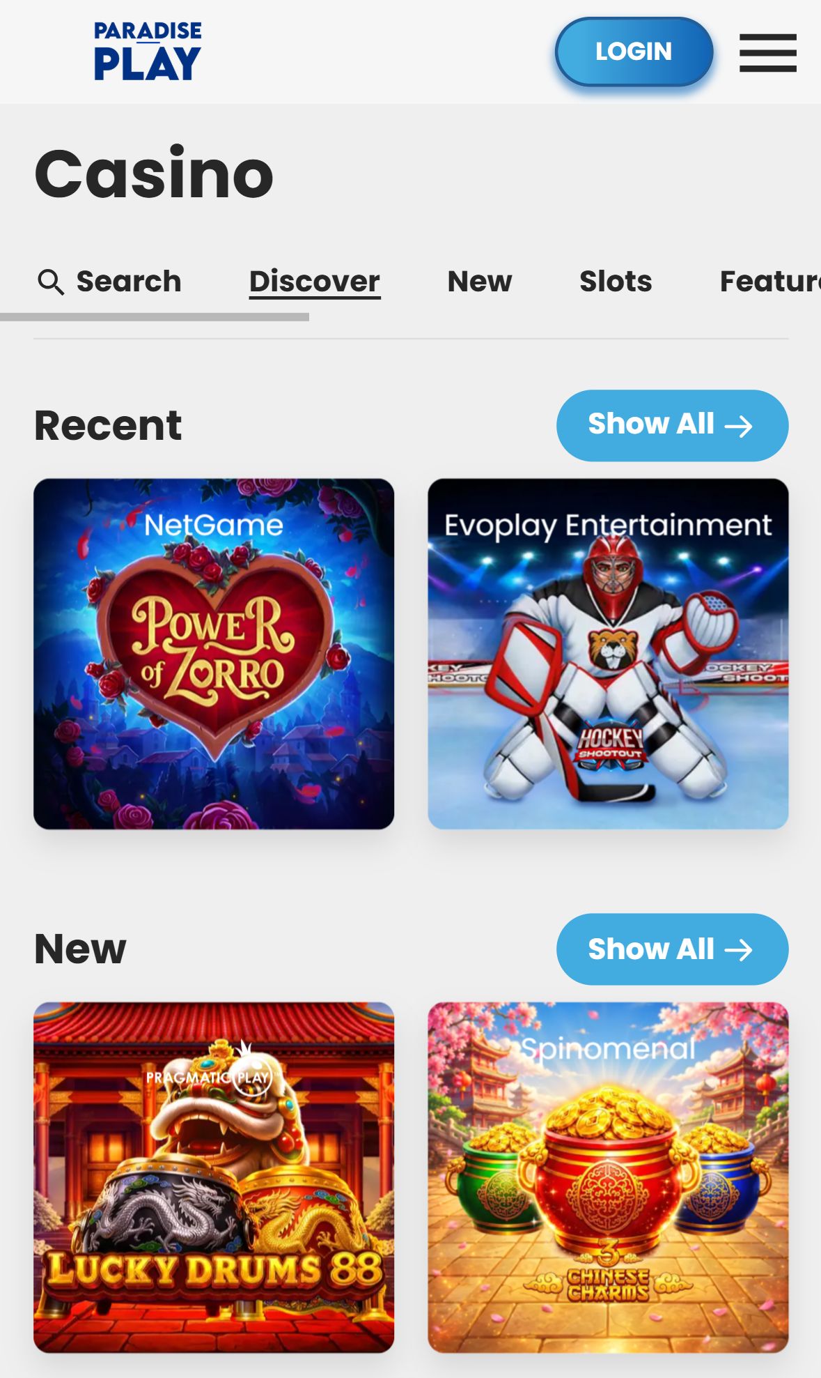 Paradise Play — Lobby (Mobile)