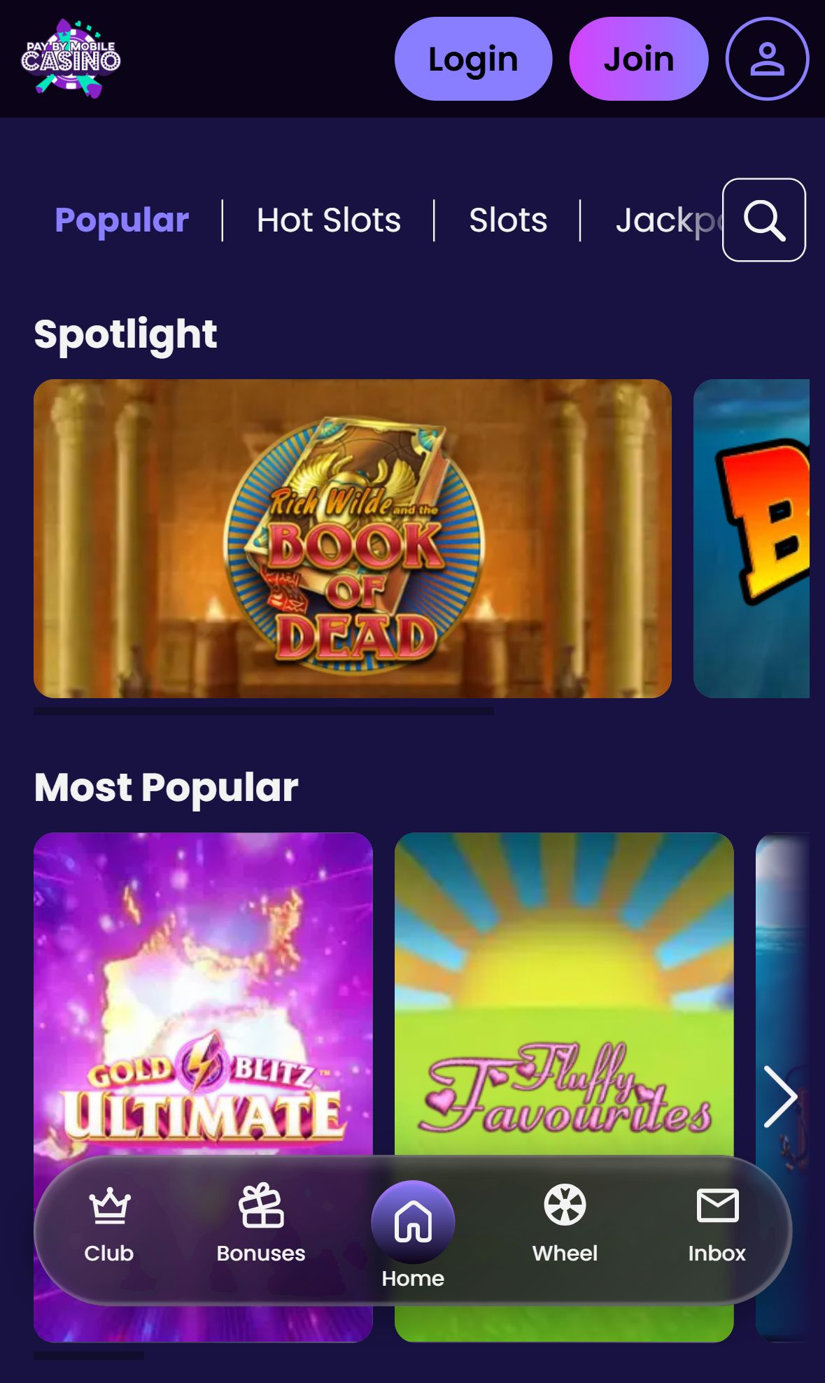 Pay By Mobile Casino — Lobby (Mobile)