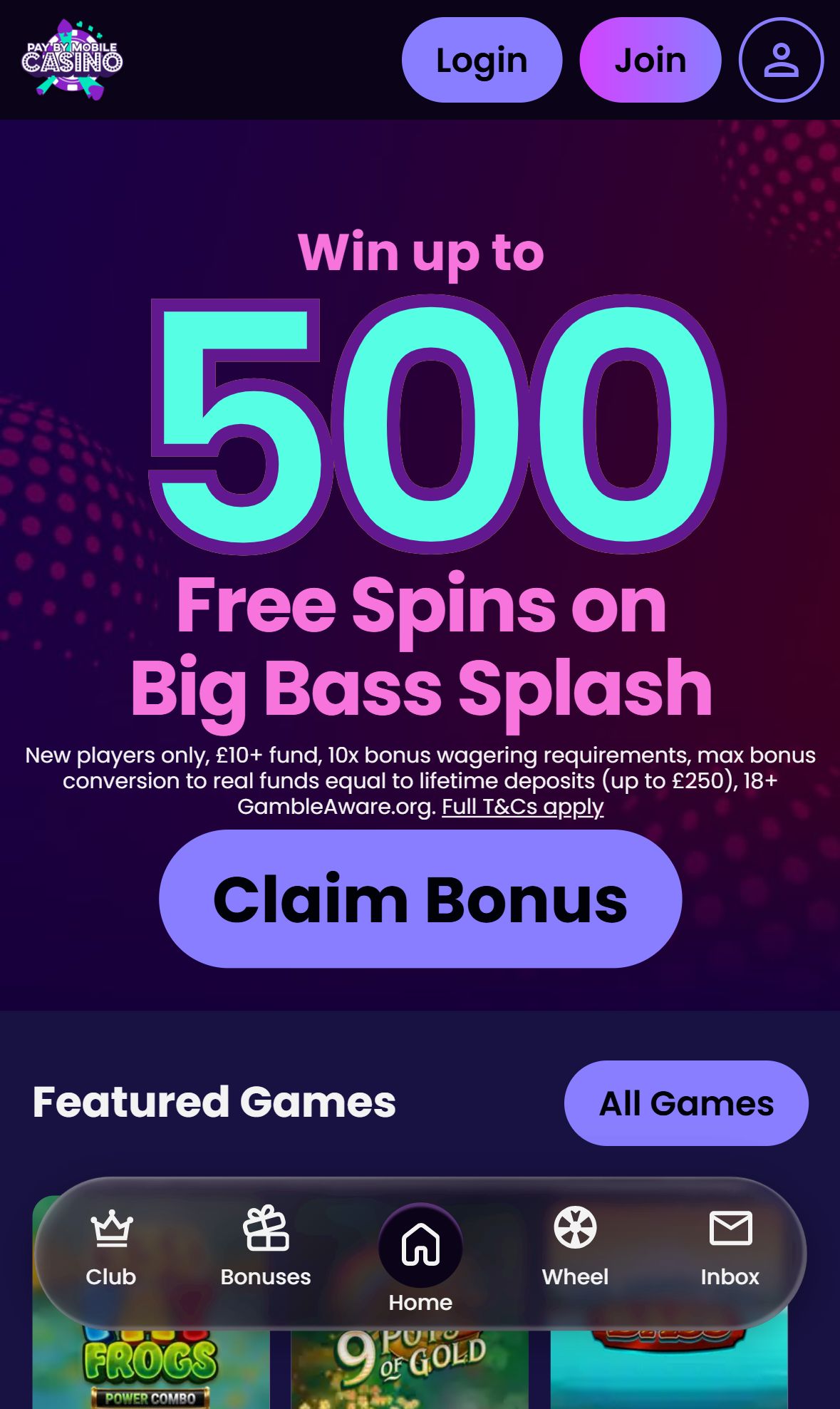 Pay By Mobile Casino — Homepage (Mobile)