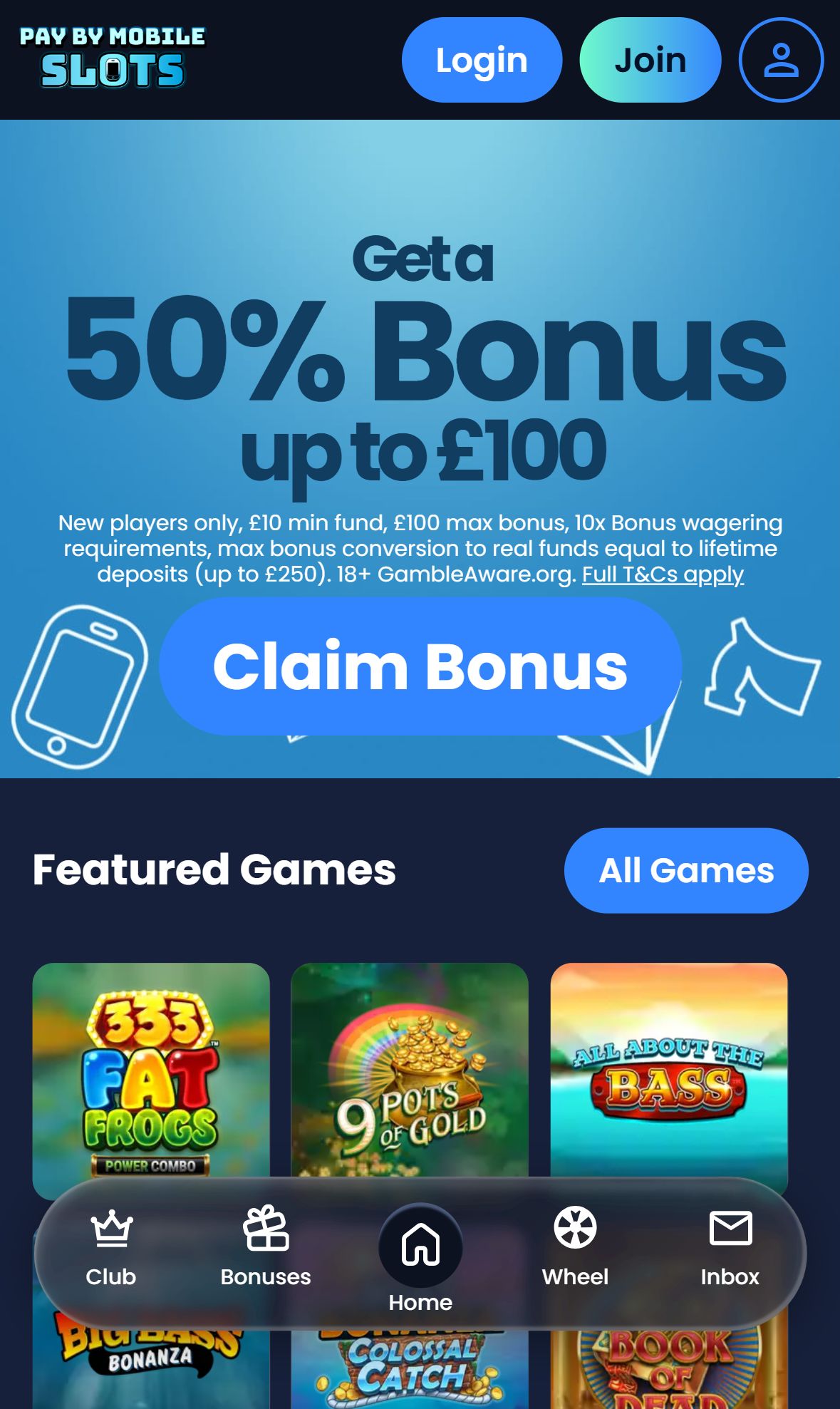 Pay by Mobile Slots — Homepage (Mobile)