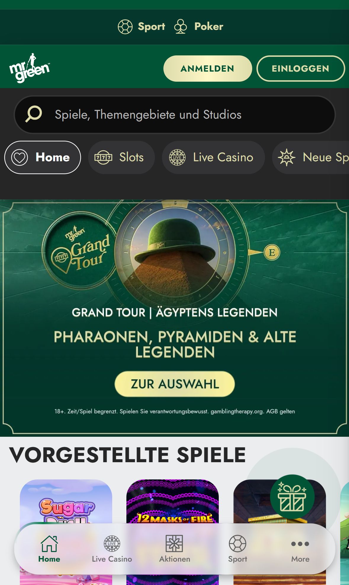 Mr Green — Startseite (Mobil)