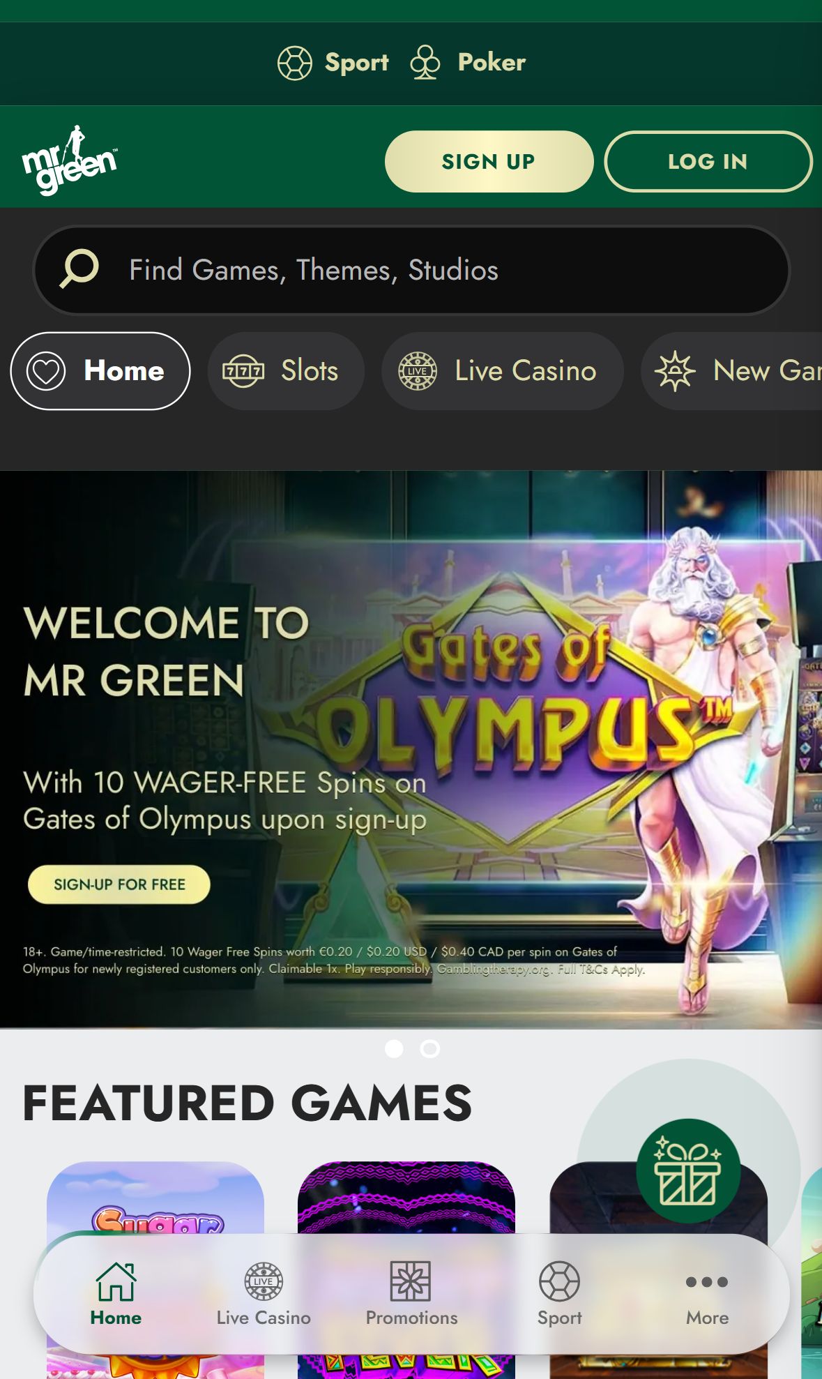 Mr Green — Homepage (Mobile)