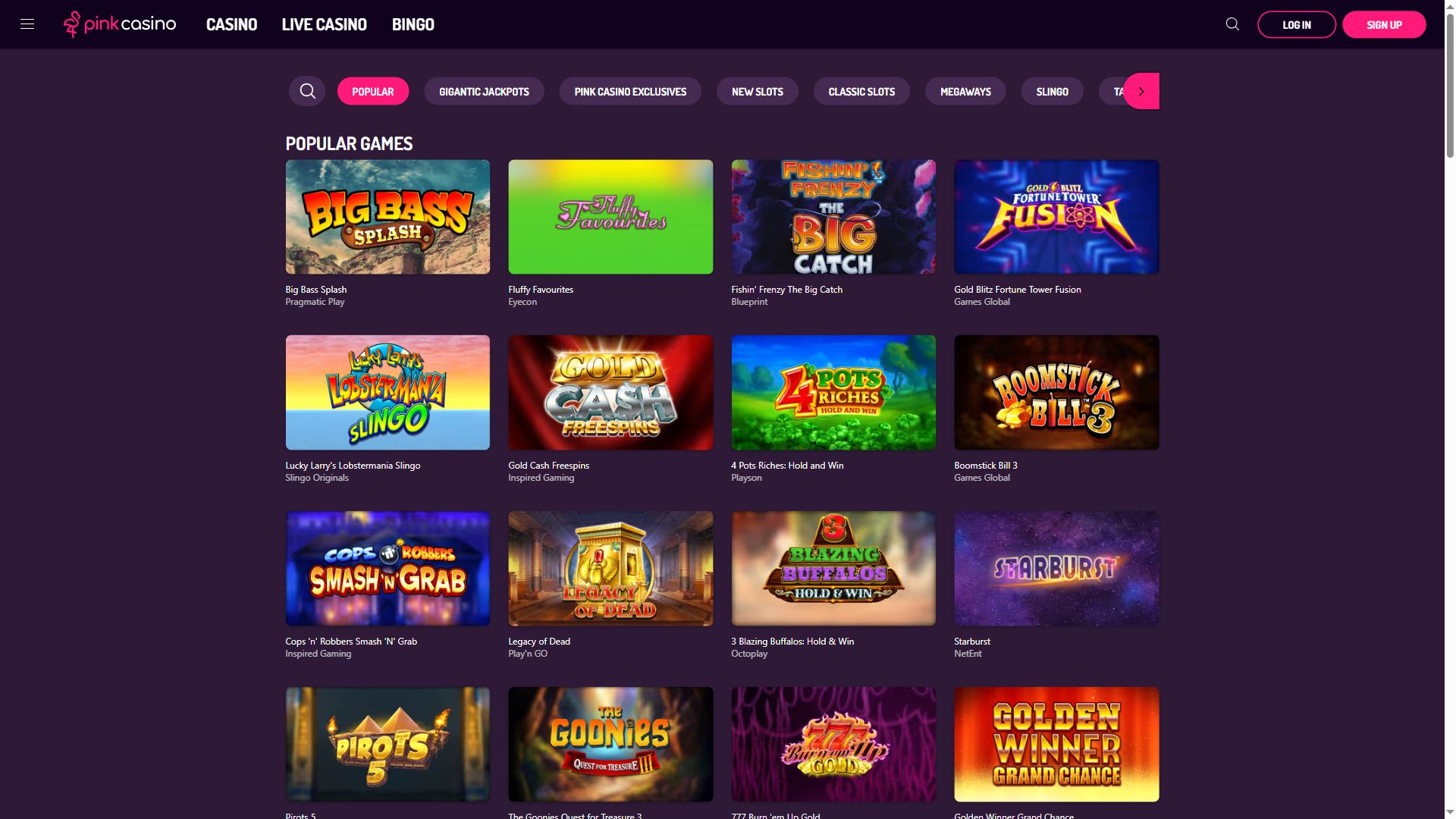 Pink Casino UK — Lobby (Desktop)