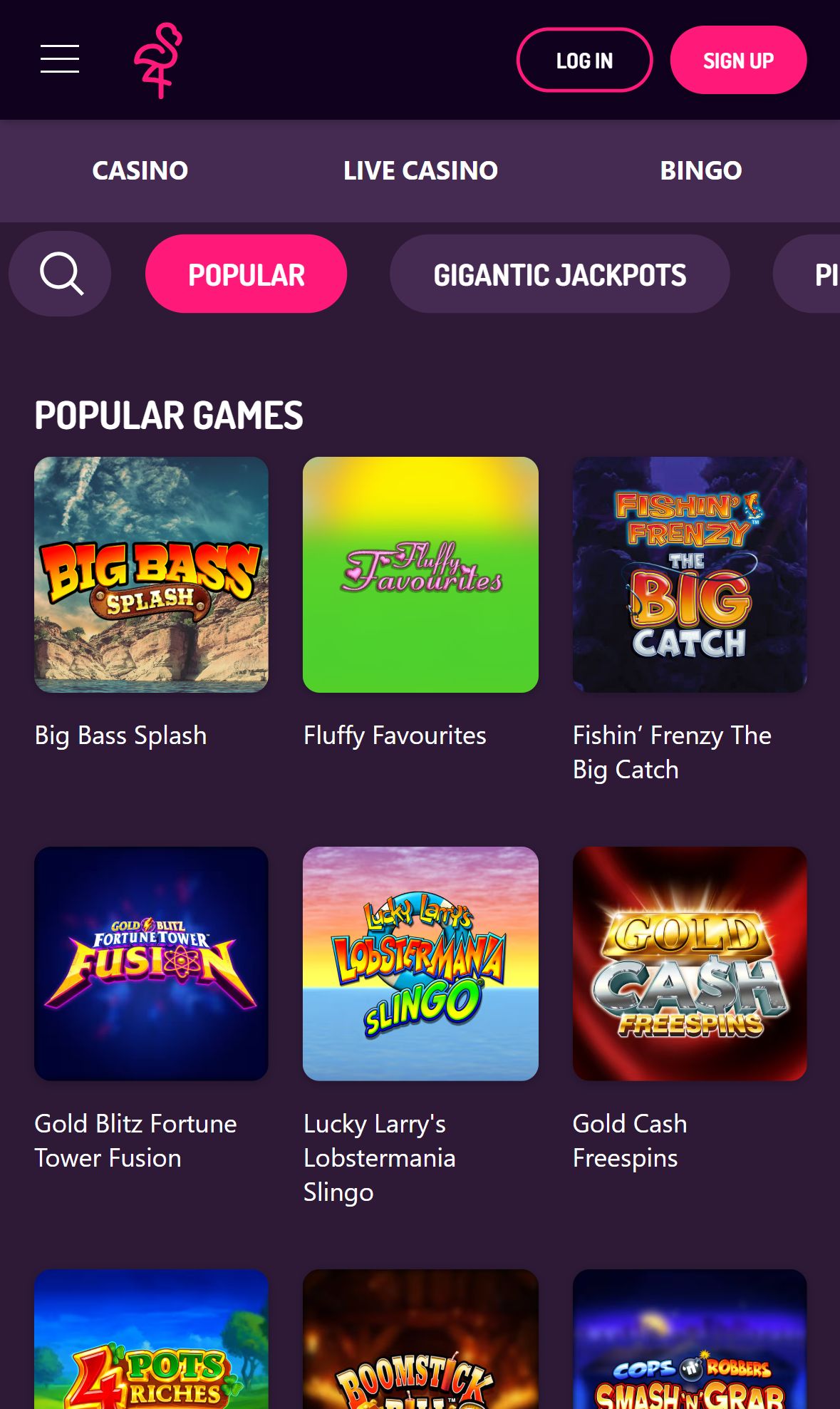 Pink Casino UK — Lobby (Mobile)