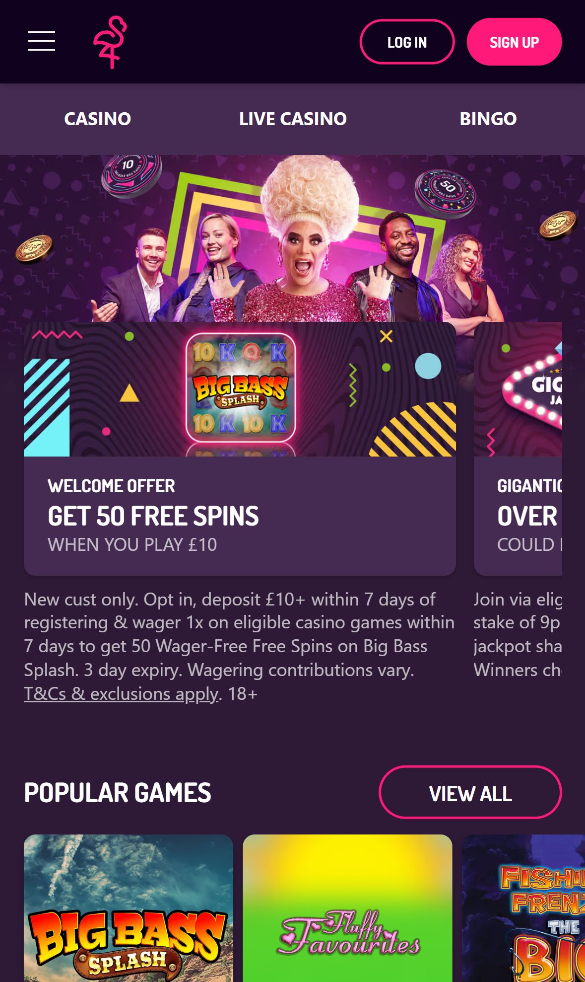 Pink Casino UK — Homepage (Mobile)