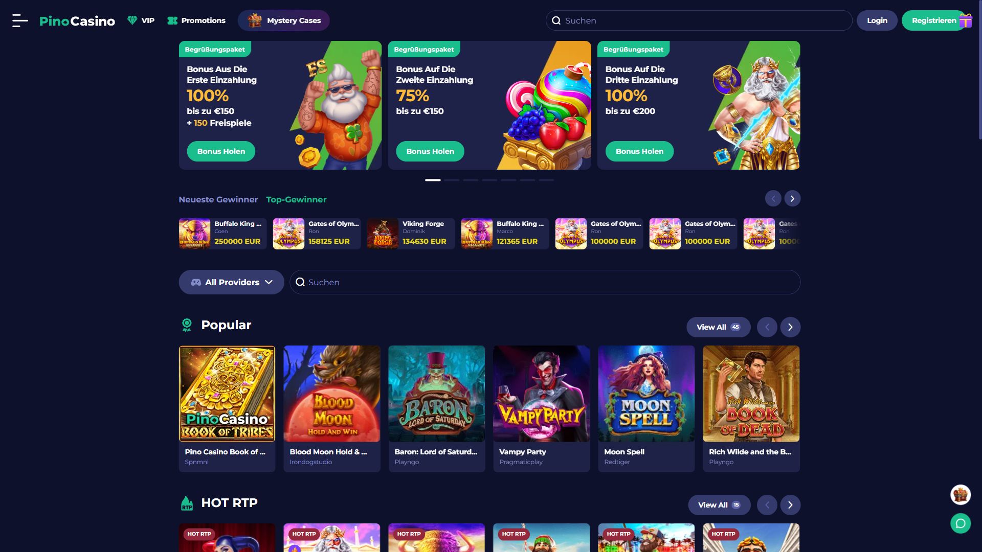 Pinocasino — Startseite (Desktop)