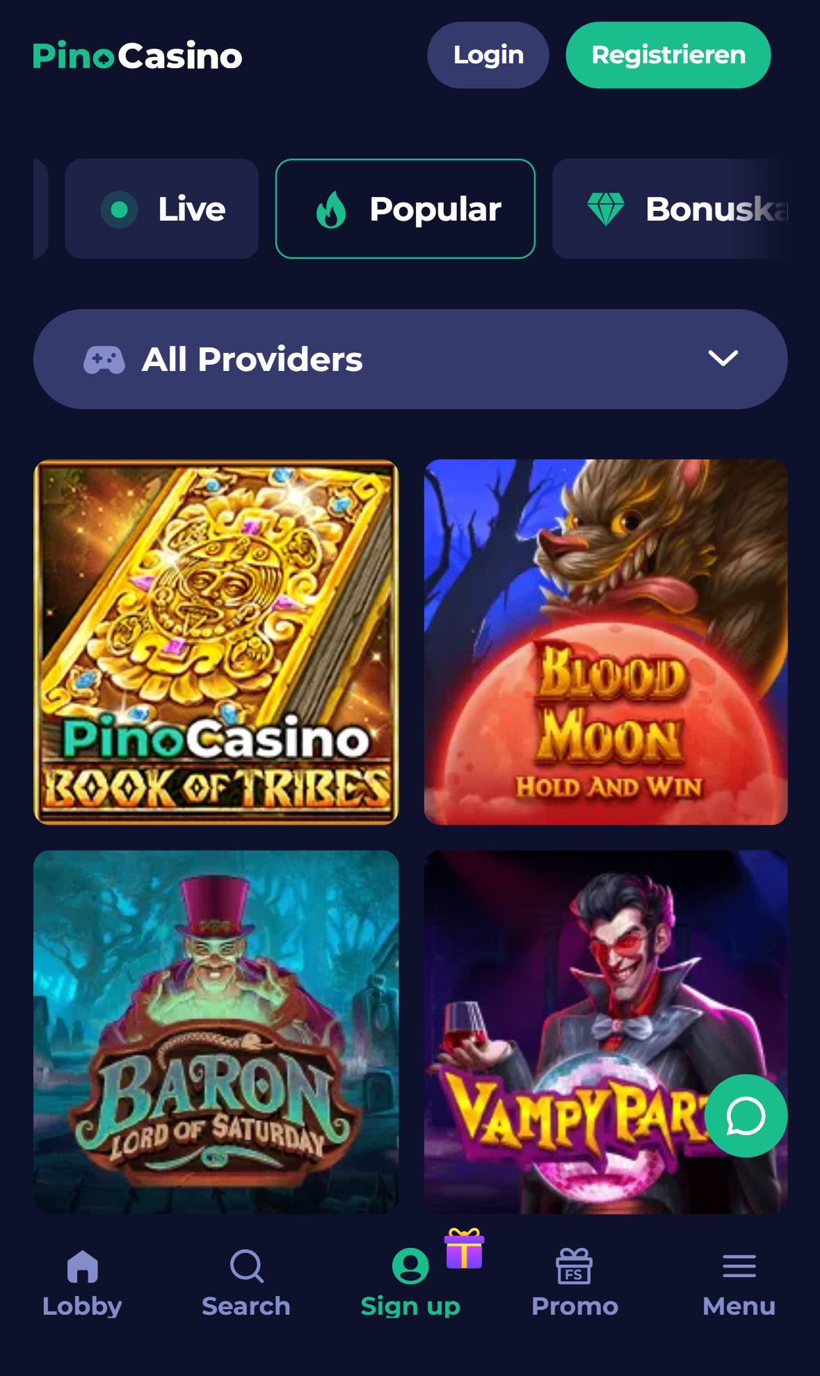 Pinocasino — Lobby (Mobil)