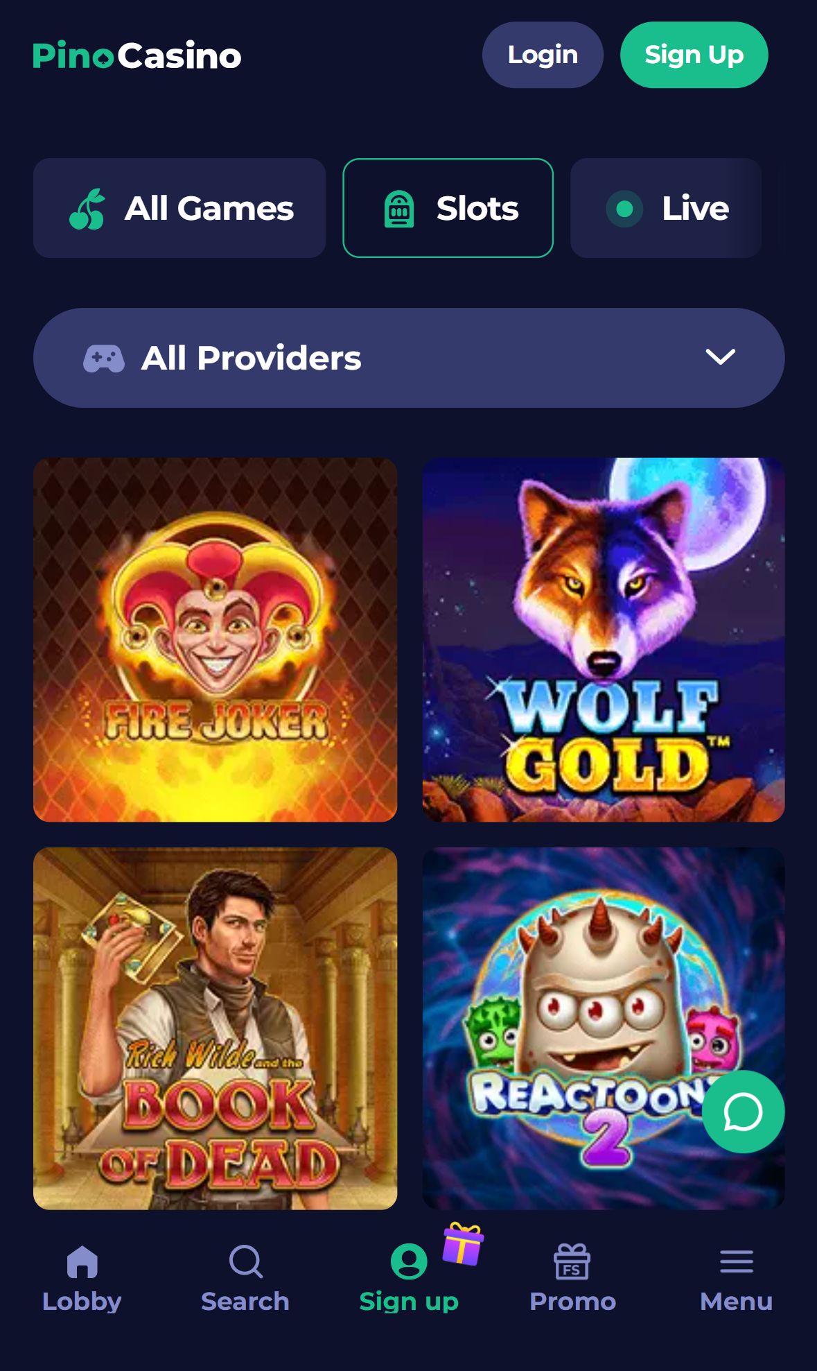 Pinocasino — Lobby (Mobile)