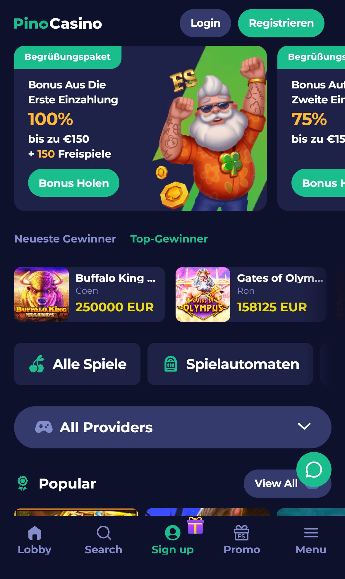 Pinocasino — Startseite (Mobil)