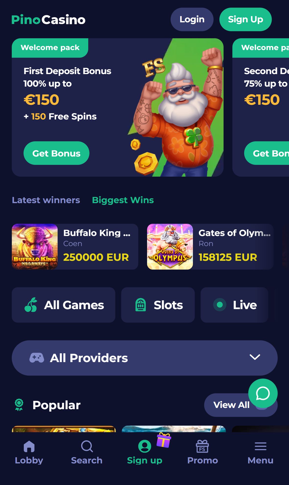 Pinocasino — Homepage (Mobile)