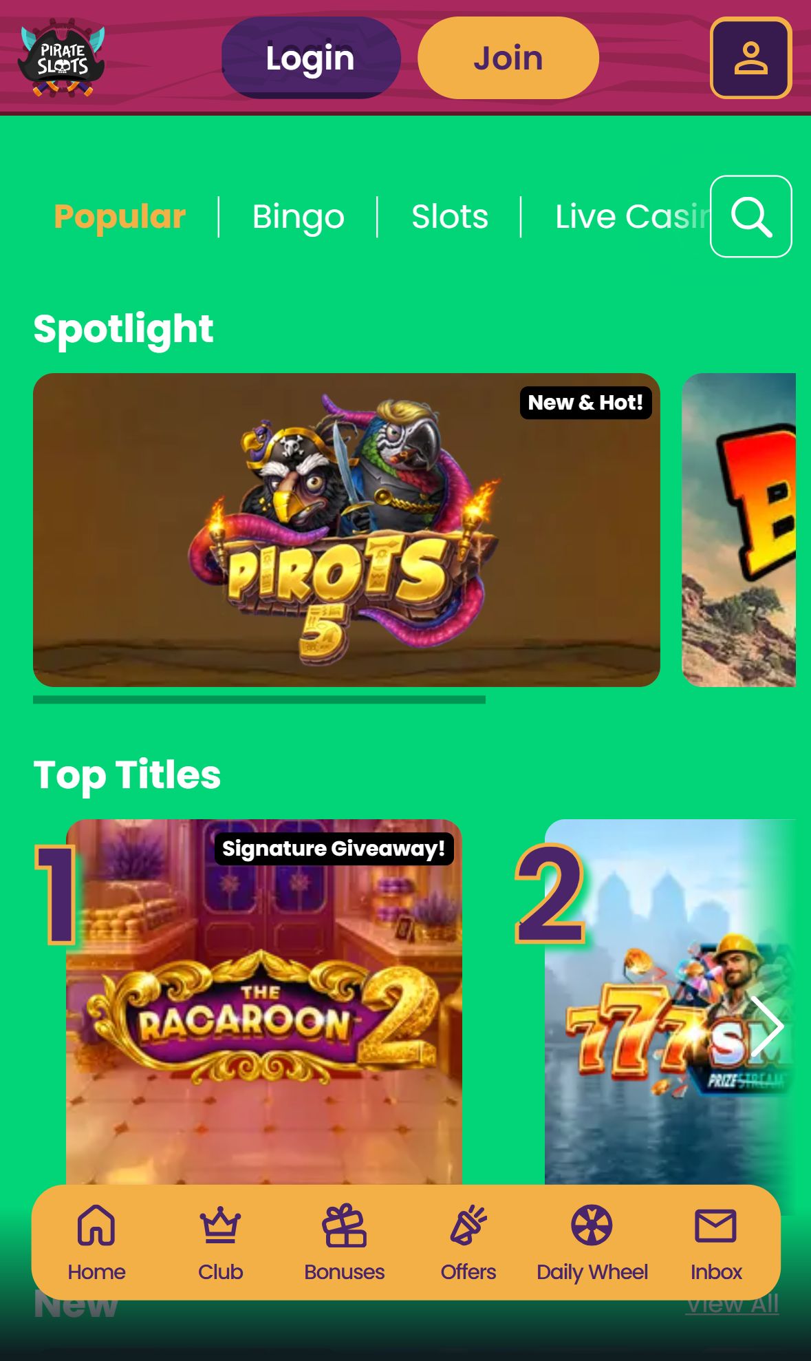 Pirate Slots — Lobby (Mobile)