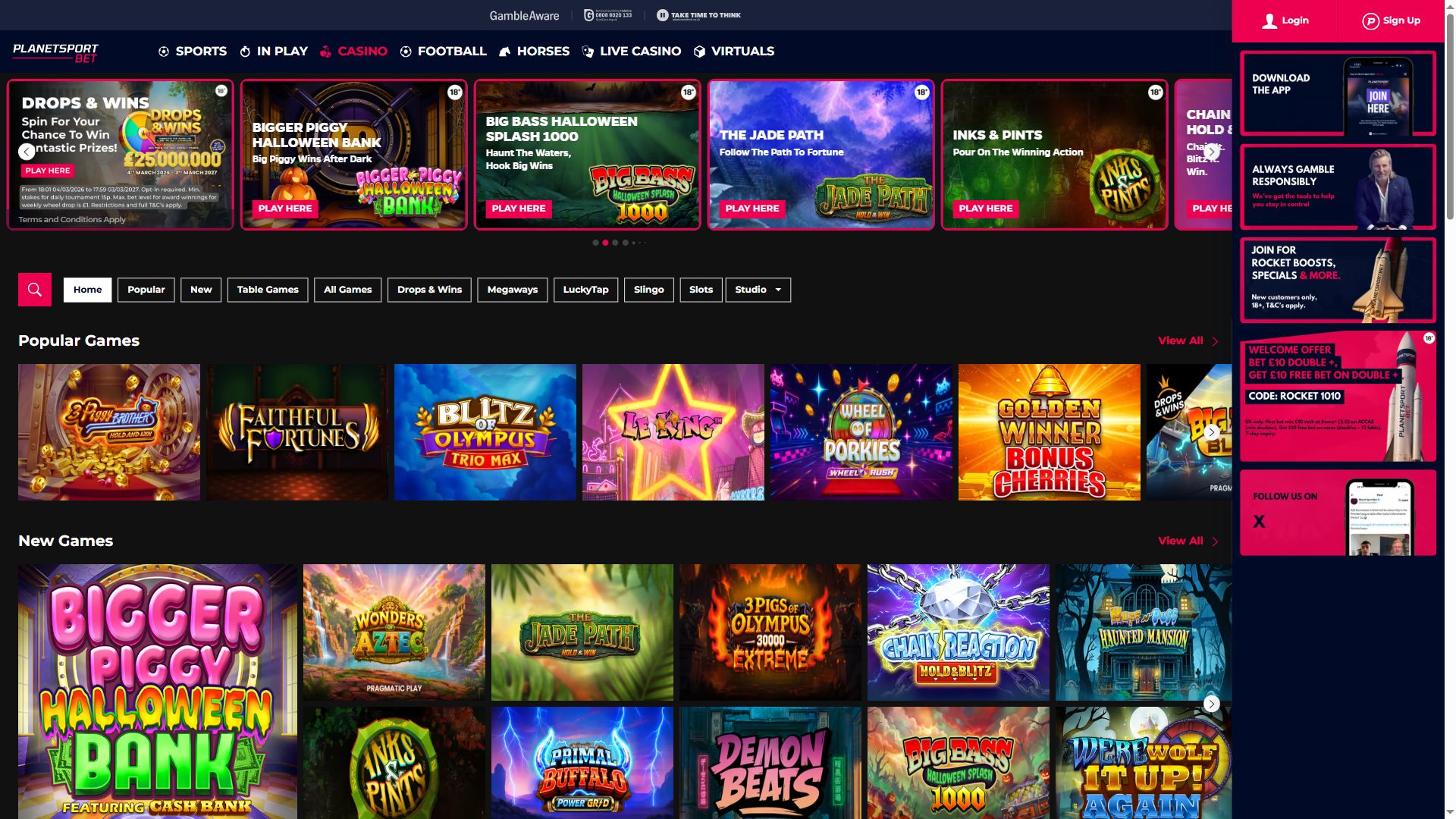 PlanetSportBet — Lobby (Desktop)