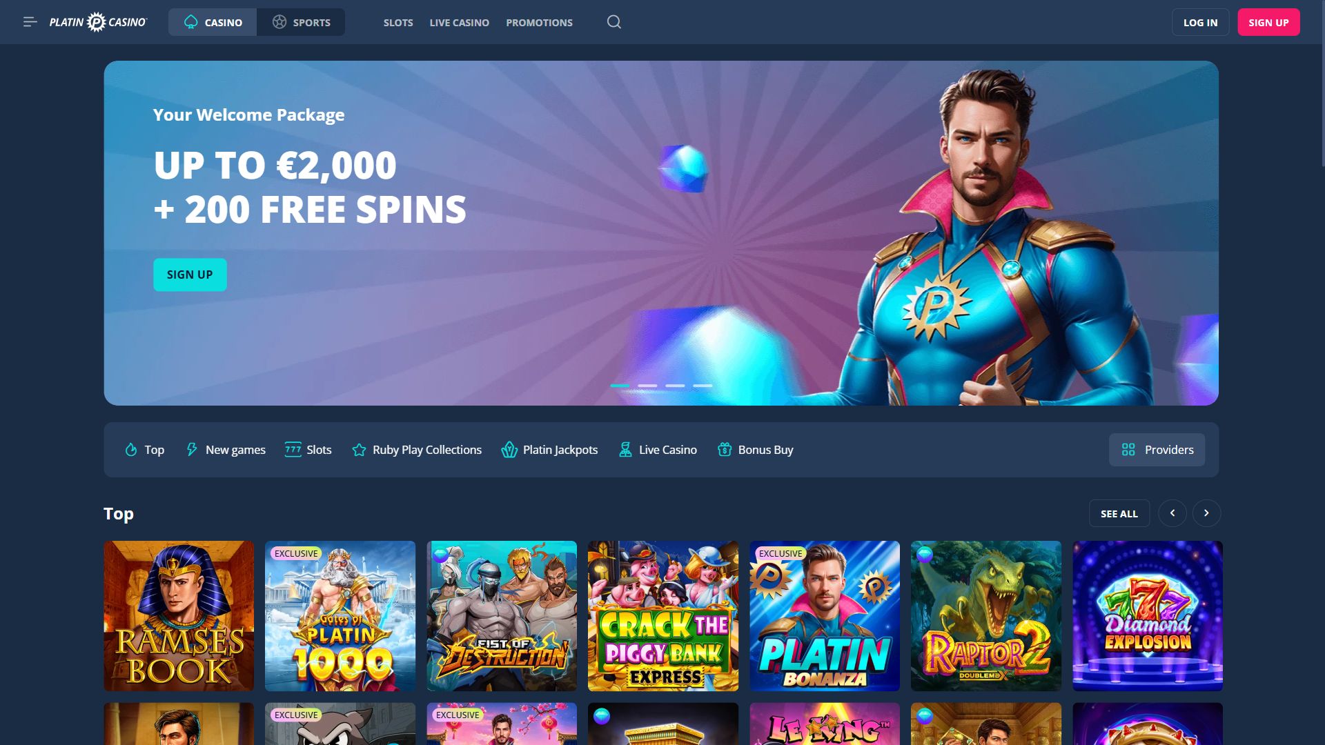 Platin Casino — Homepage (Desktop)