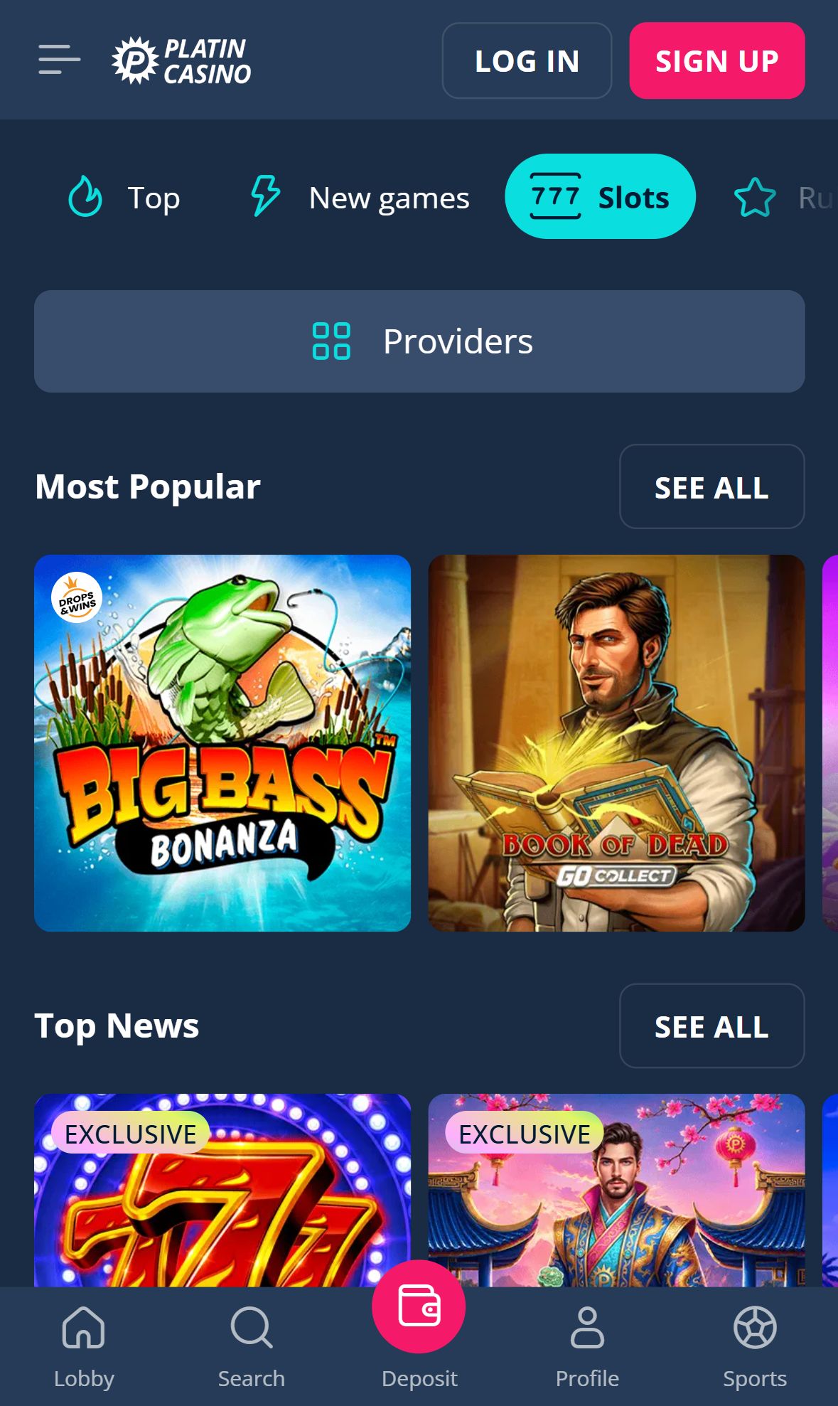 Platin Casino — Lobby (Mobile)