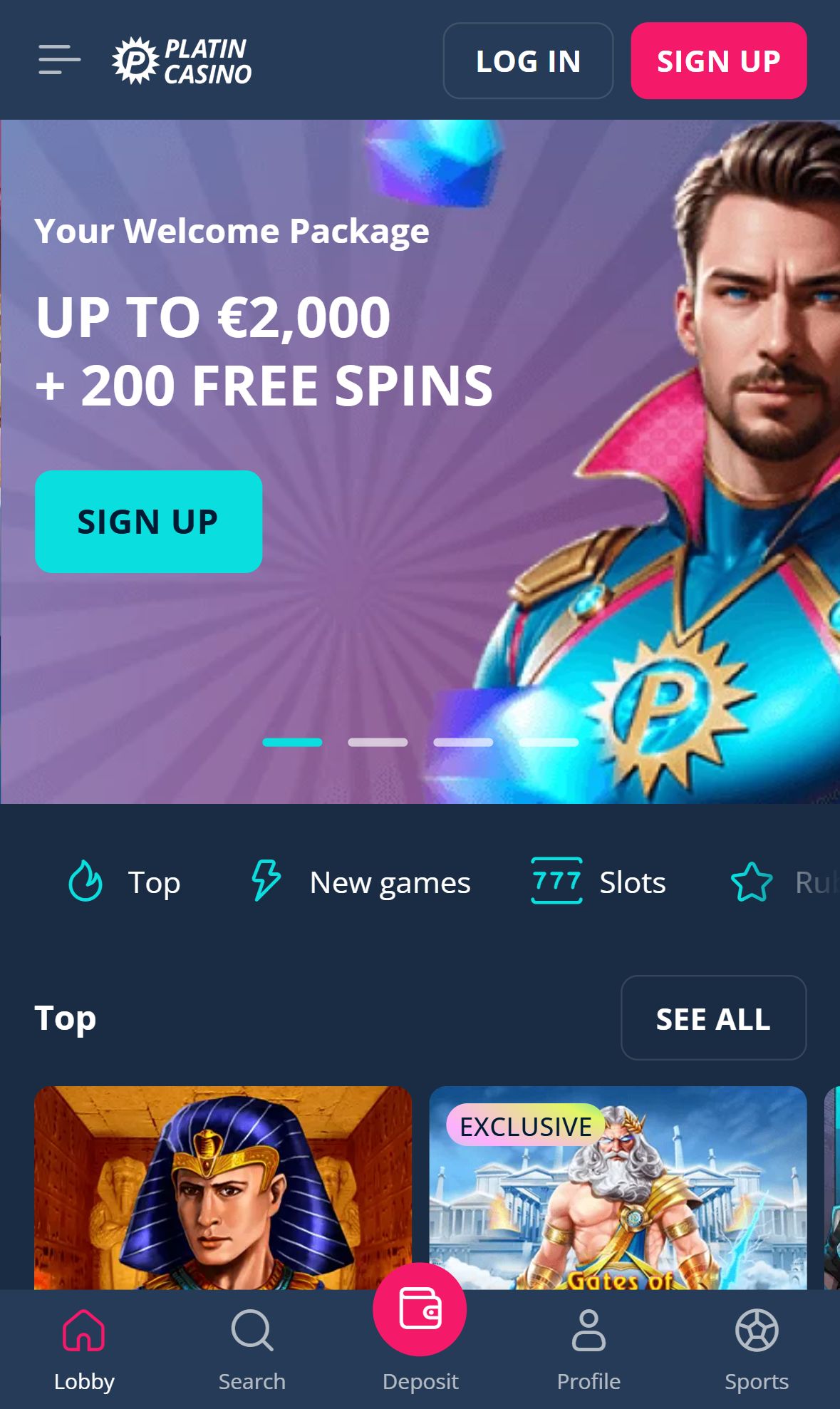 Platin Casino — Homepage (Mobile)