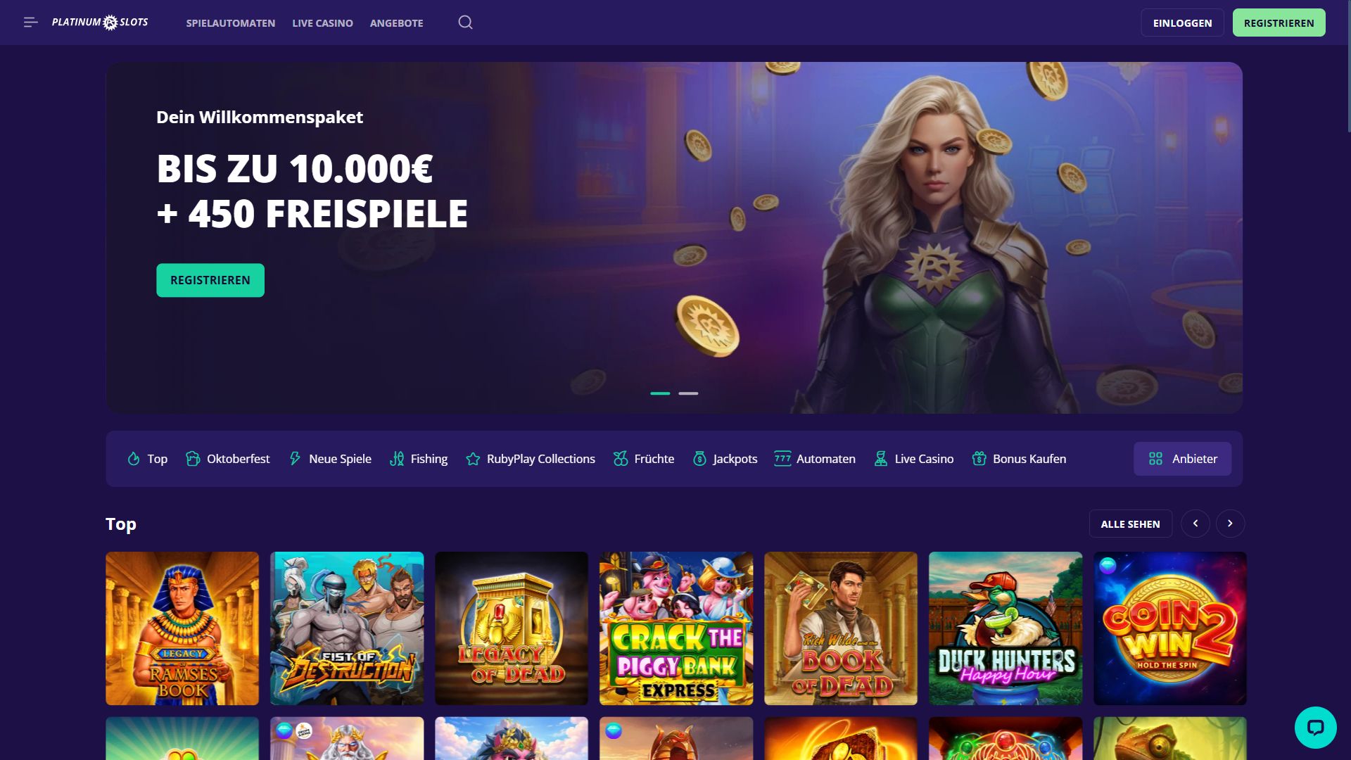 Platinumslots — Startseite (Desktop)