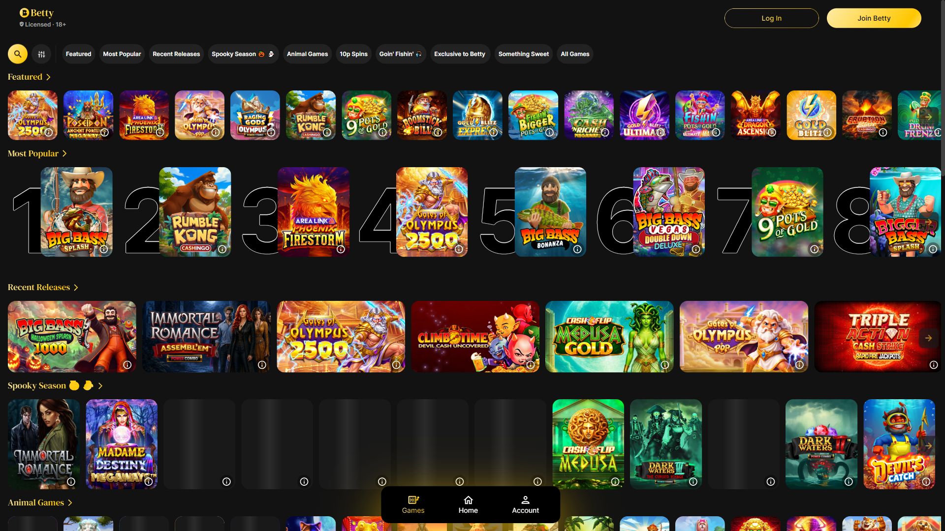 PlayBetty — Lobby (Desktop)
