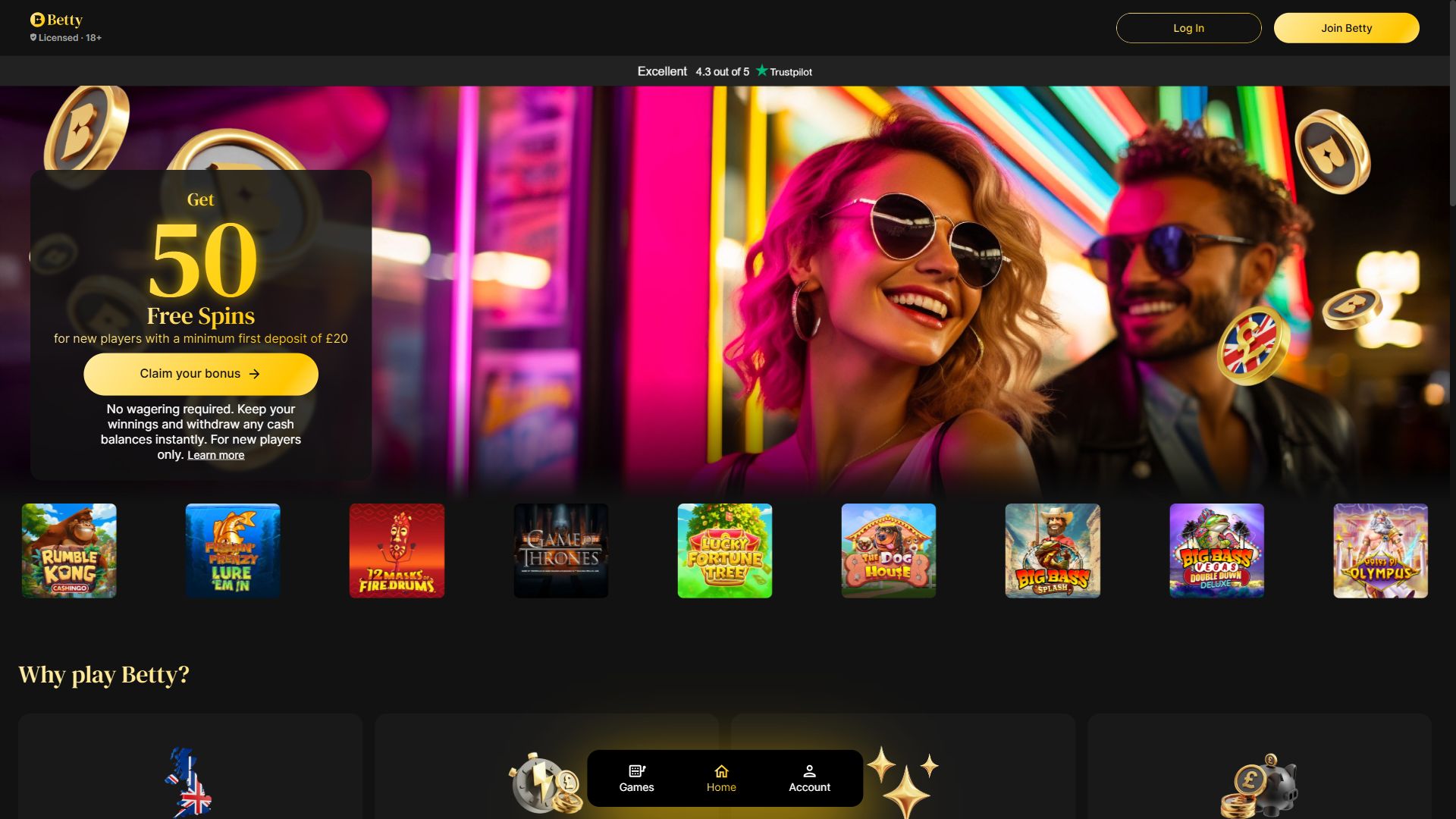 PlayBetty — Homepage (Desktop)