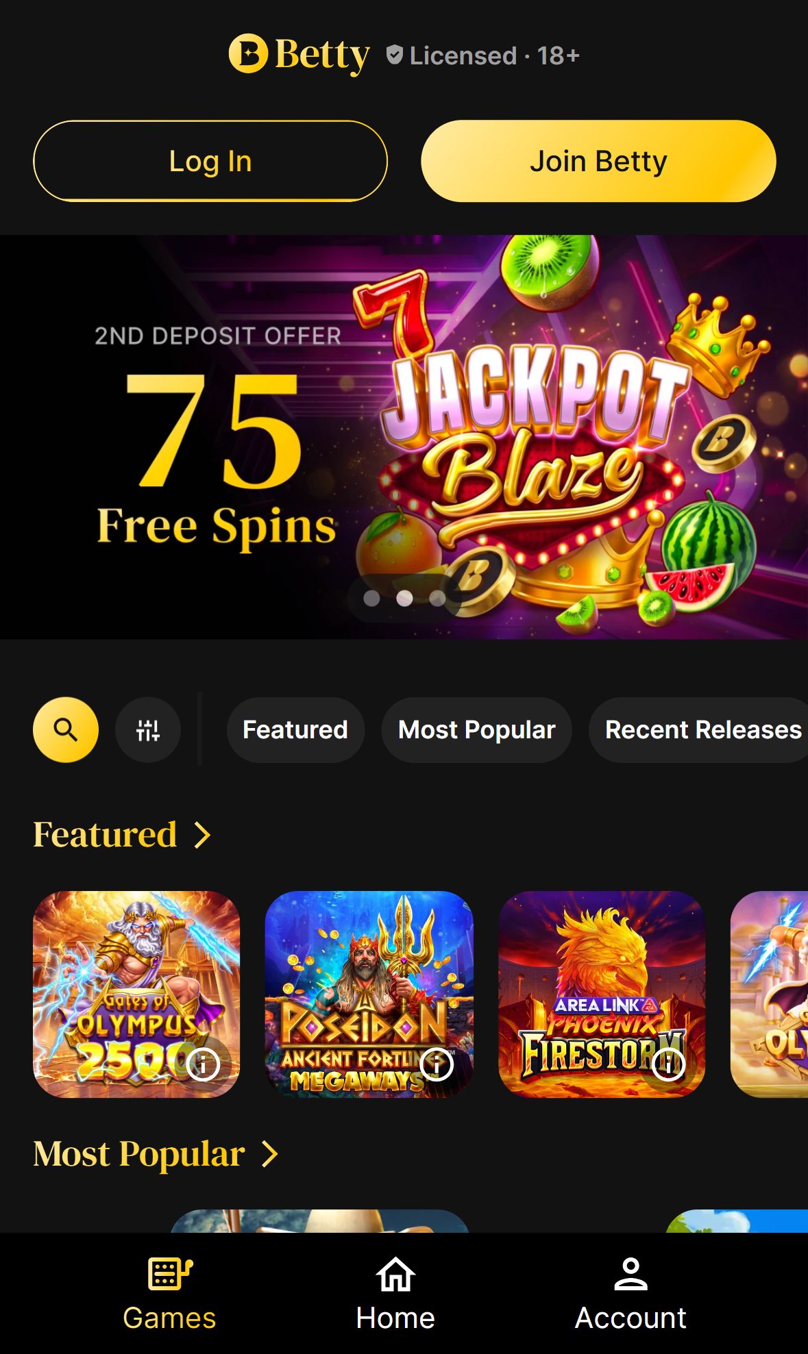PlayBetty — Lobby (Mobile)