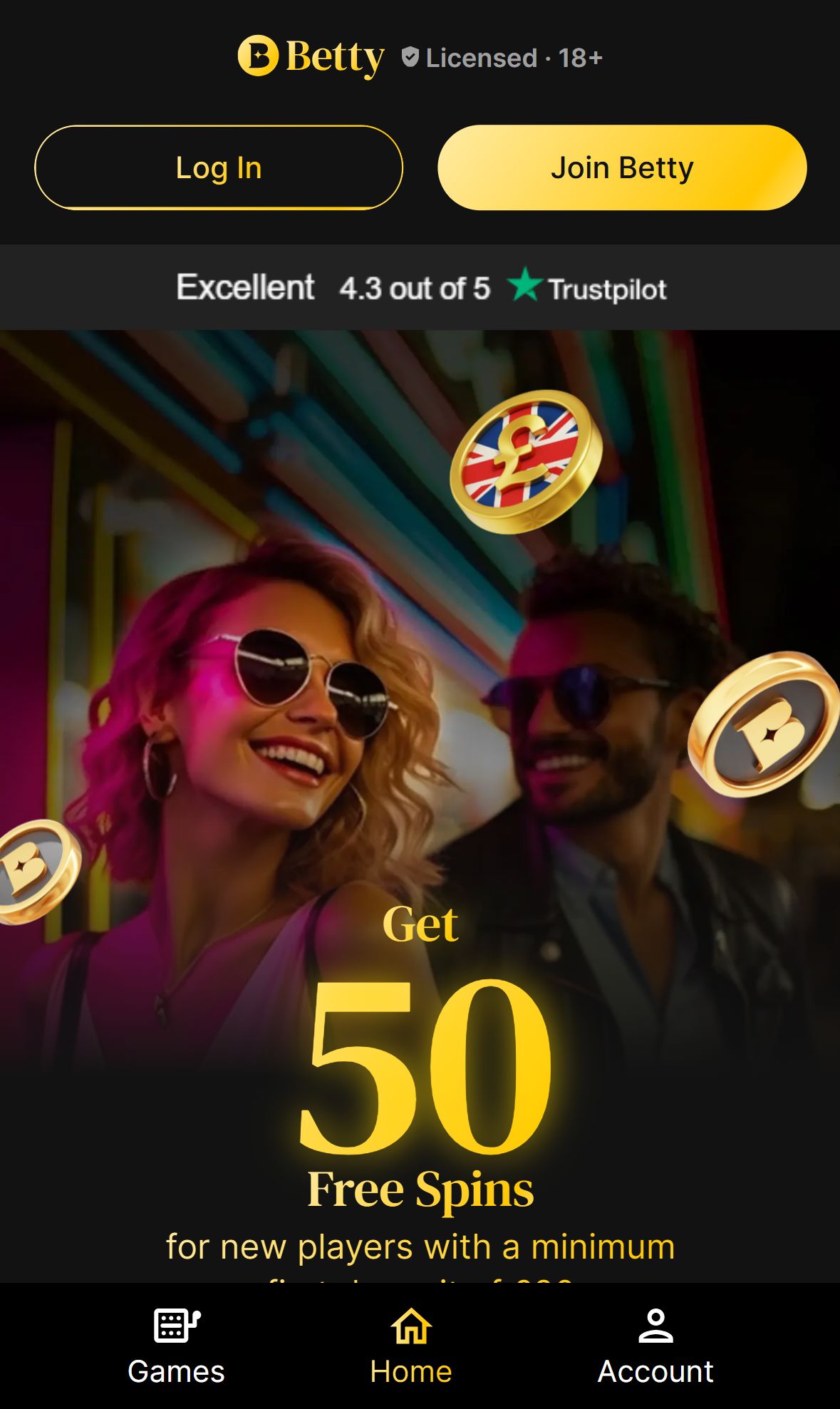 PlayBetty — Homepage (Mobile)