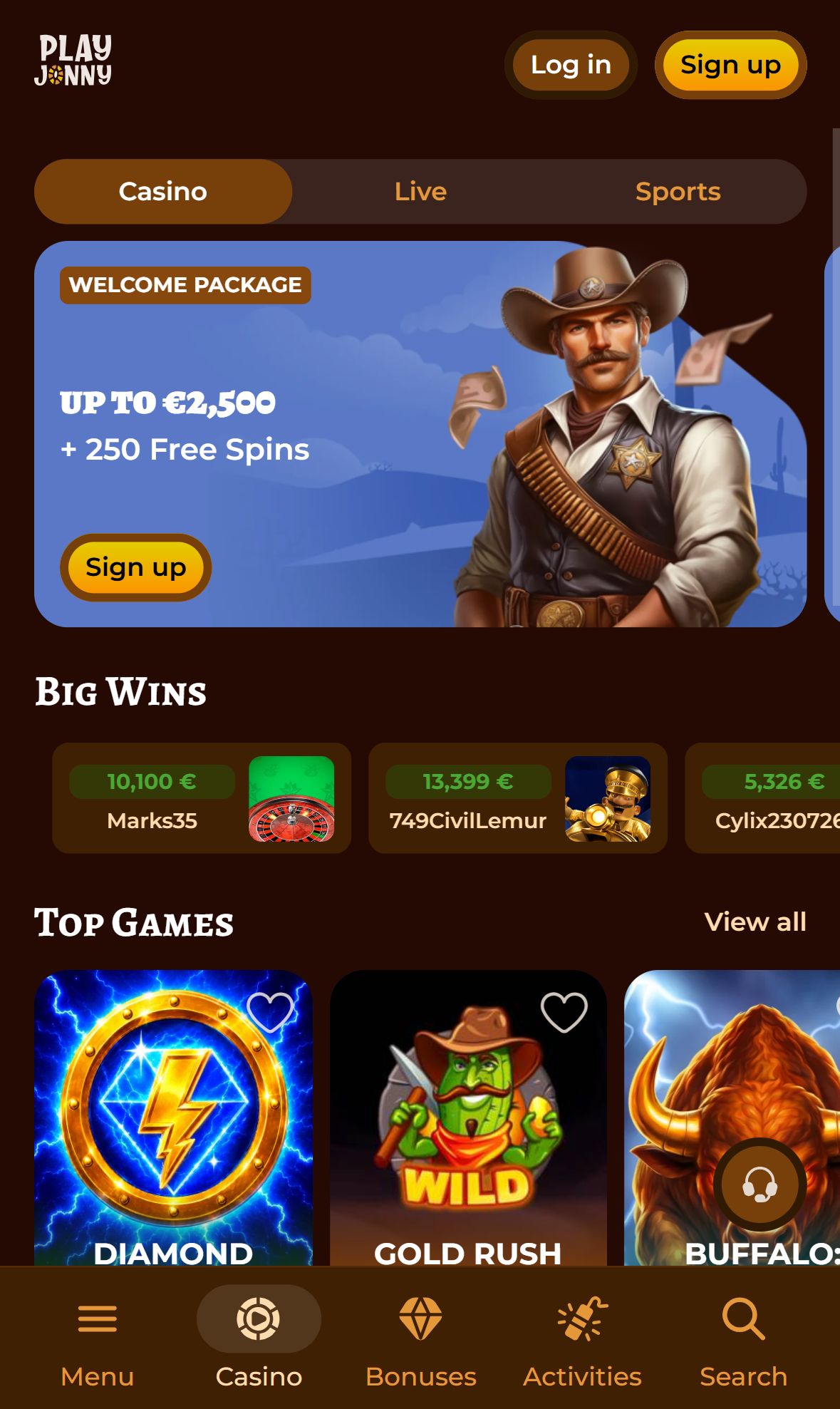 Playjonny — Homepage (Mobile)