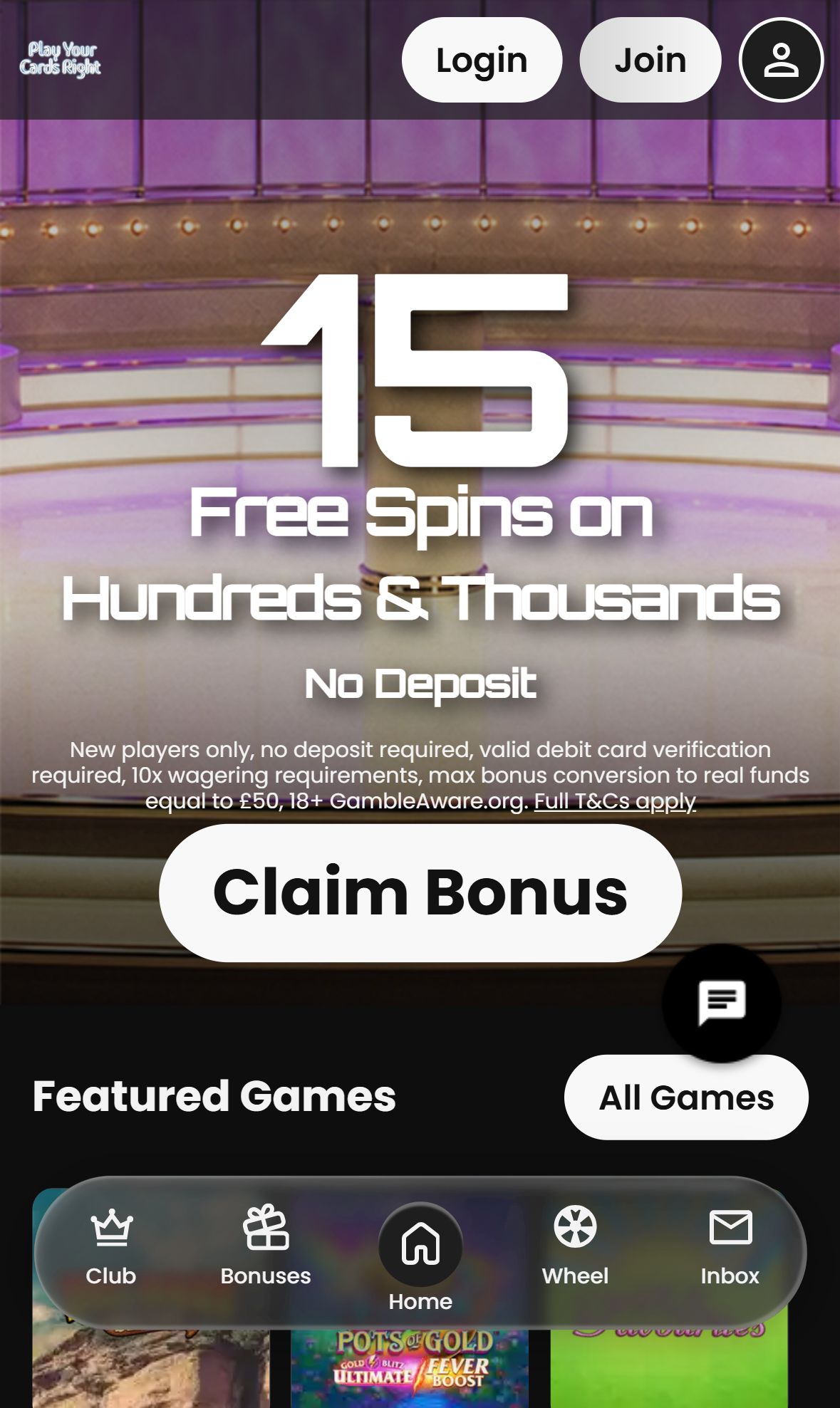 Play Your Cards Right — Homepage (Mobile)