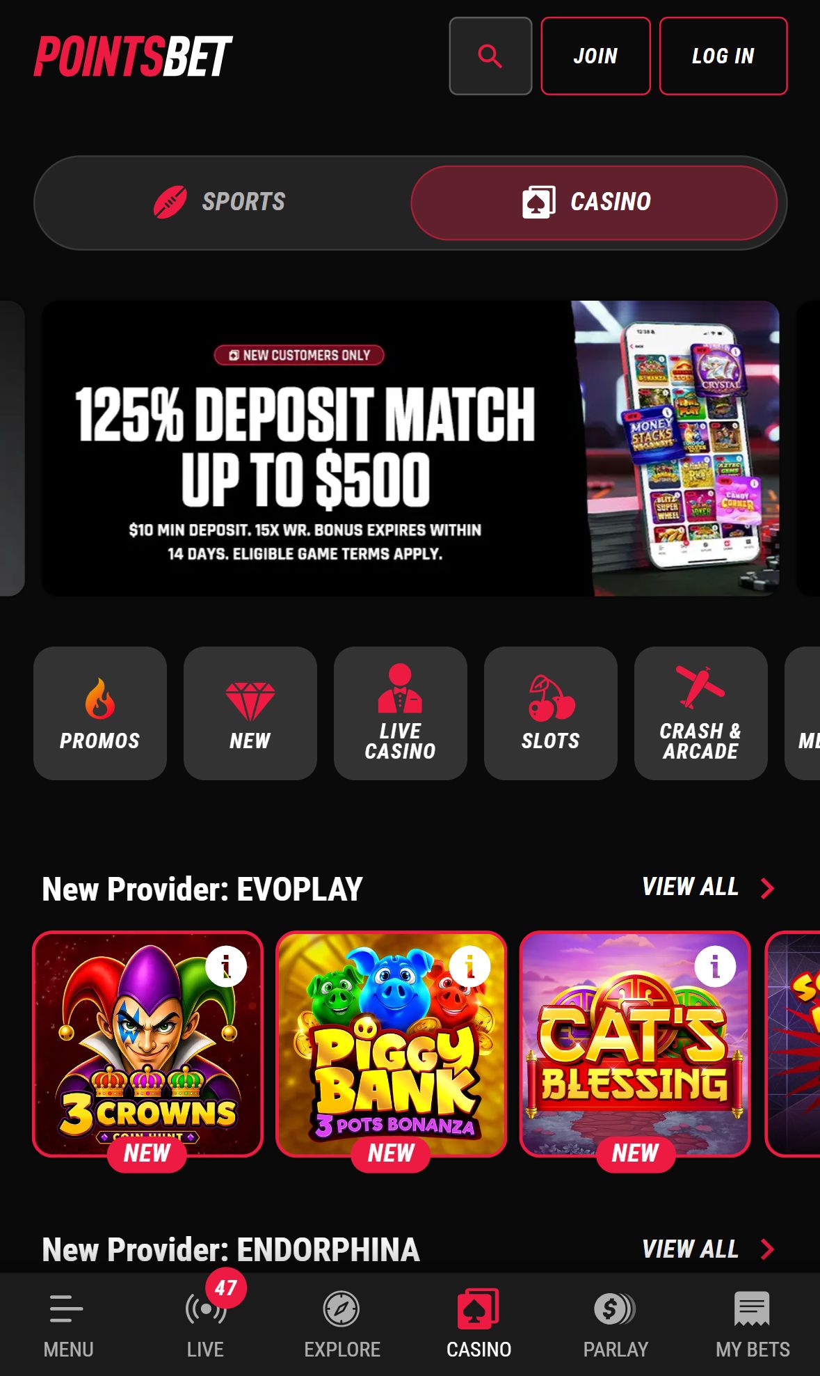 PointsBet — Lobby (Mobile)