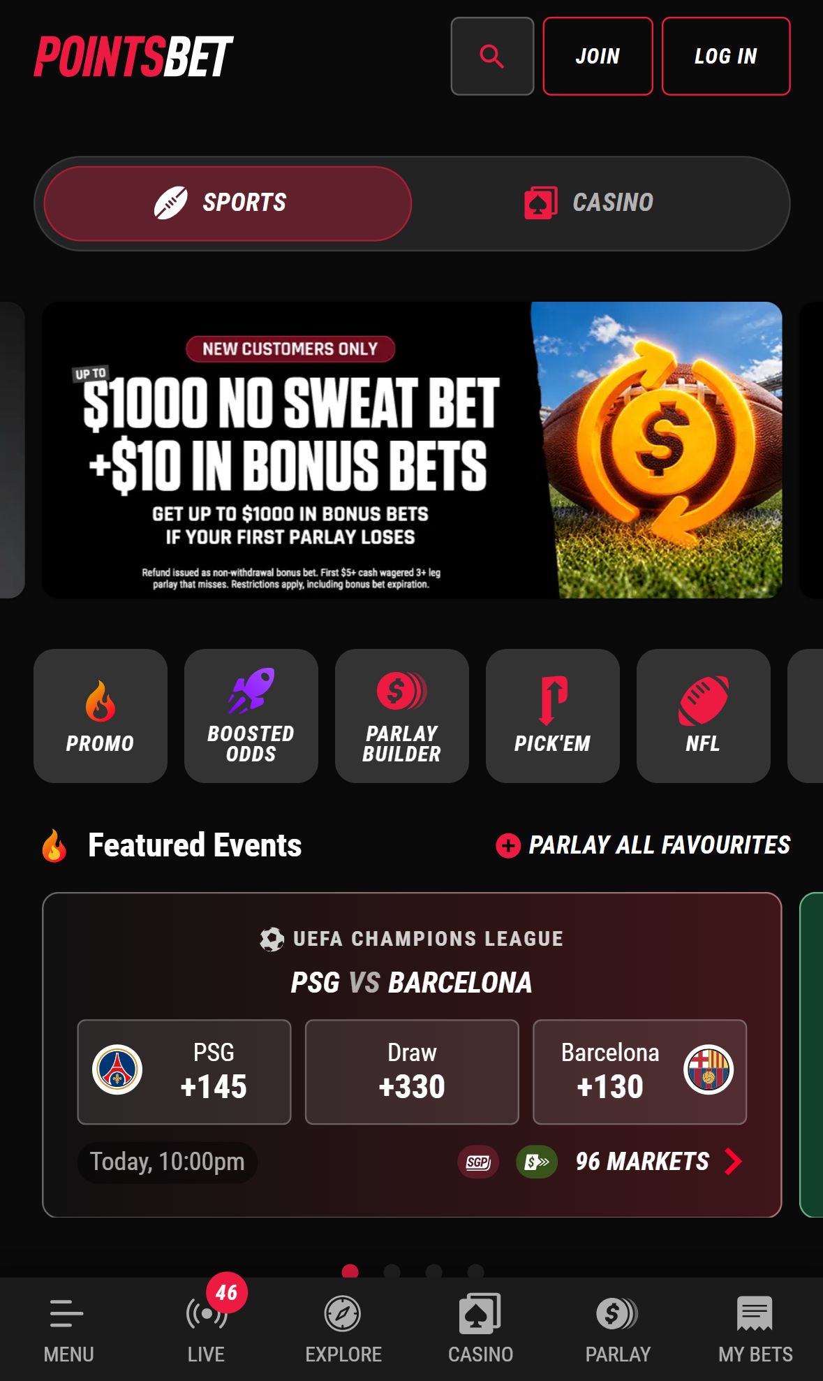 PointsBet — Homepage (Mobile)