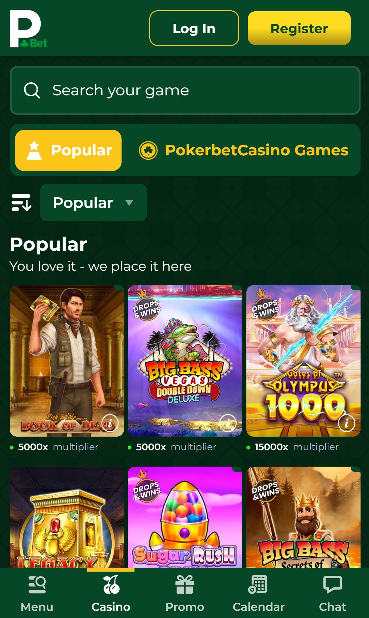 PokerBet Casino — Lobby (Mobil)