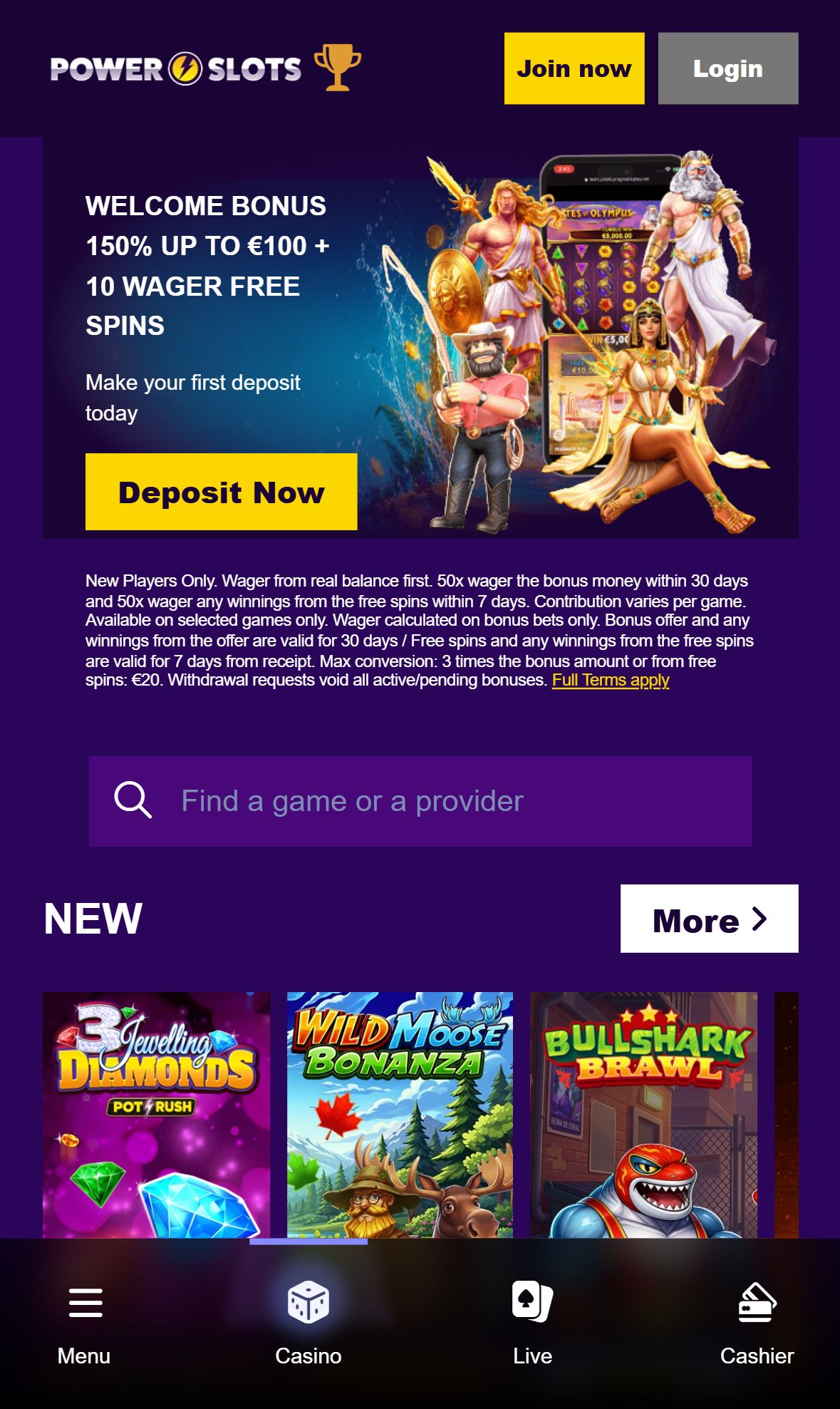 Powerslots — Homepage (Mobile)
