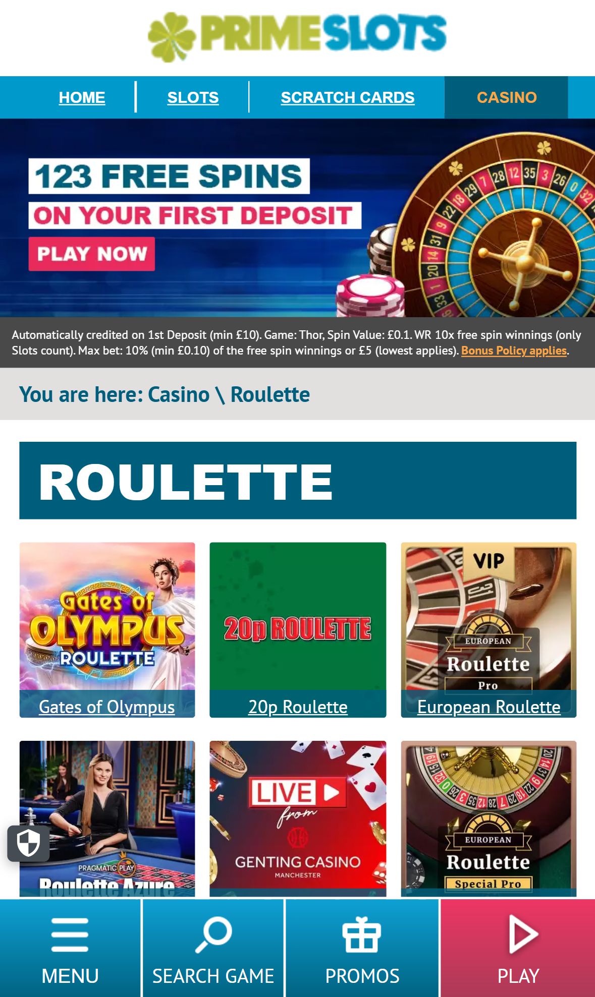 Primeslots — Lobby (Mobile)
