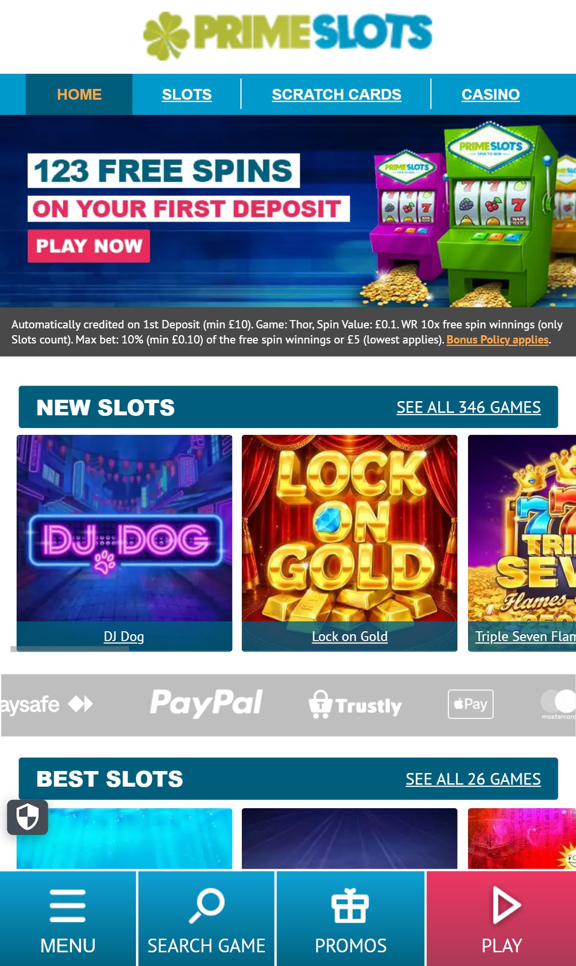 Primeslots — Homepage (Mobile)