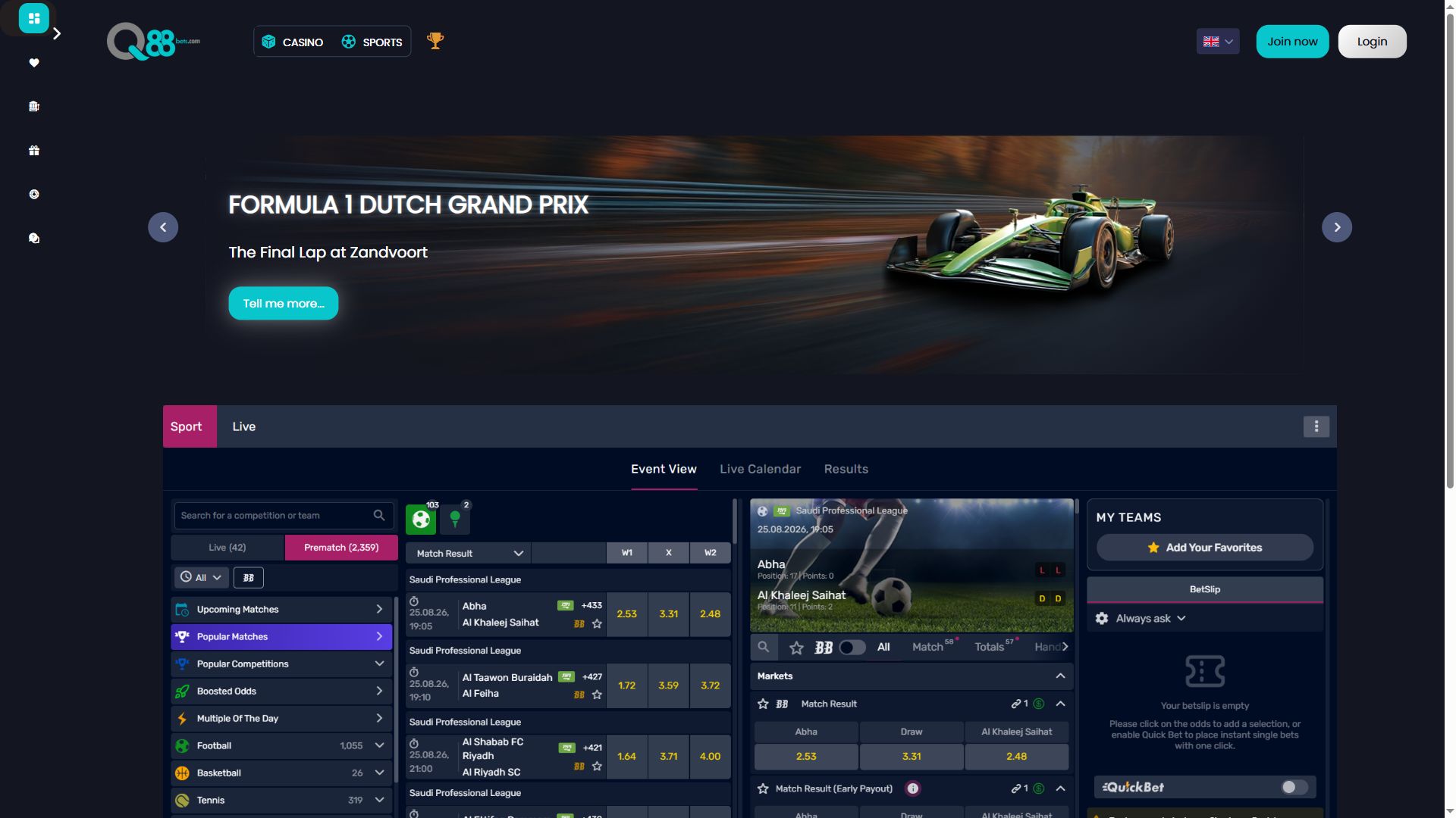 Q88Bets — Homepage (Desktop)