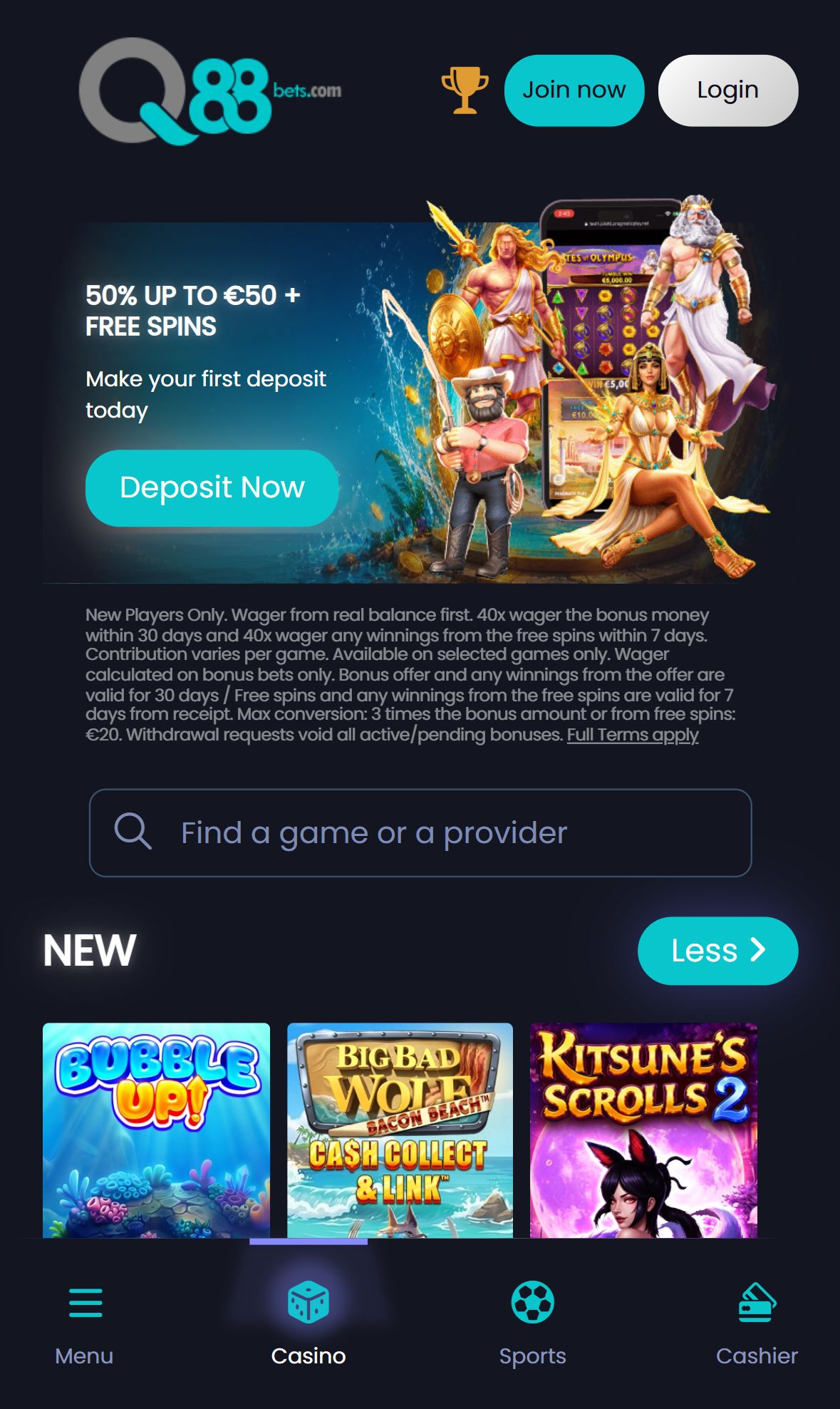 Q88Bets — Lobby (Mobile)
