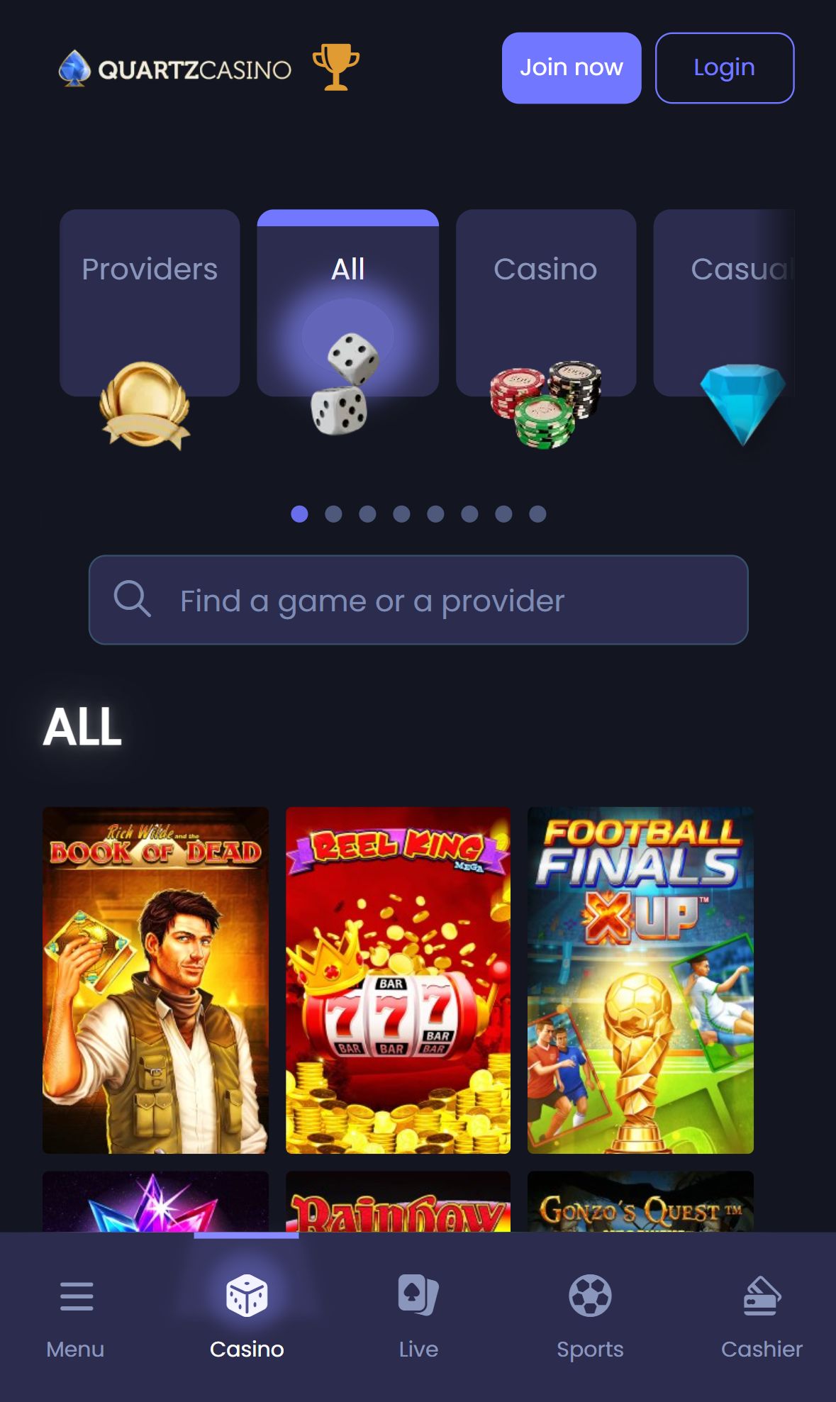 QuartzCasino — Lobby (Mobile)