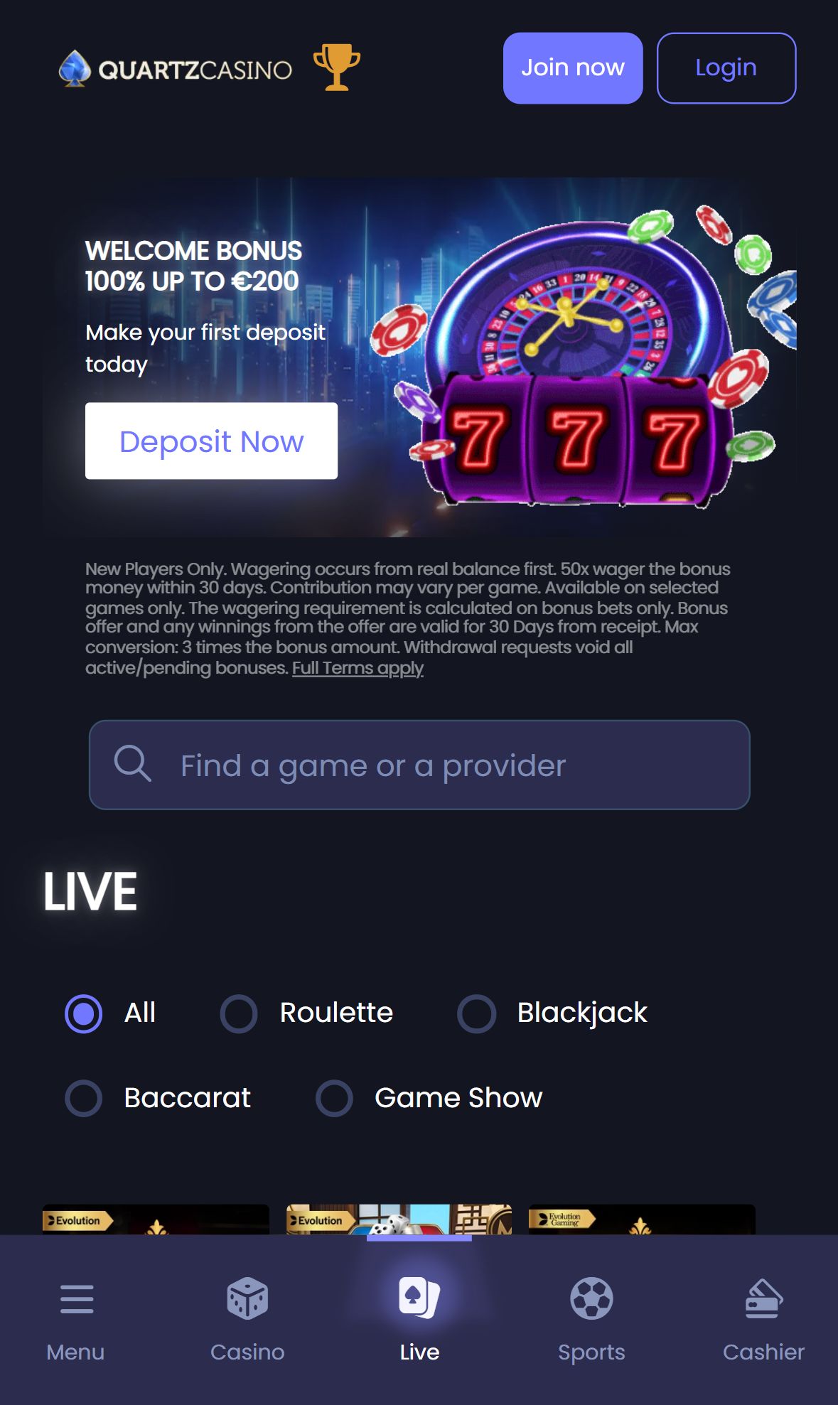 QuartzCasino — Homepage (Mobile)