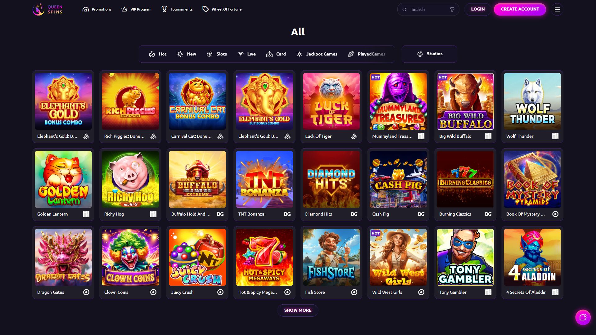 Queenspins — Lobby (Desktop)
