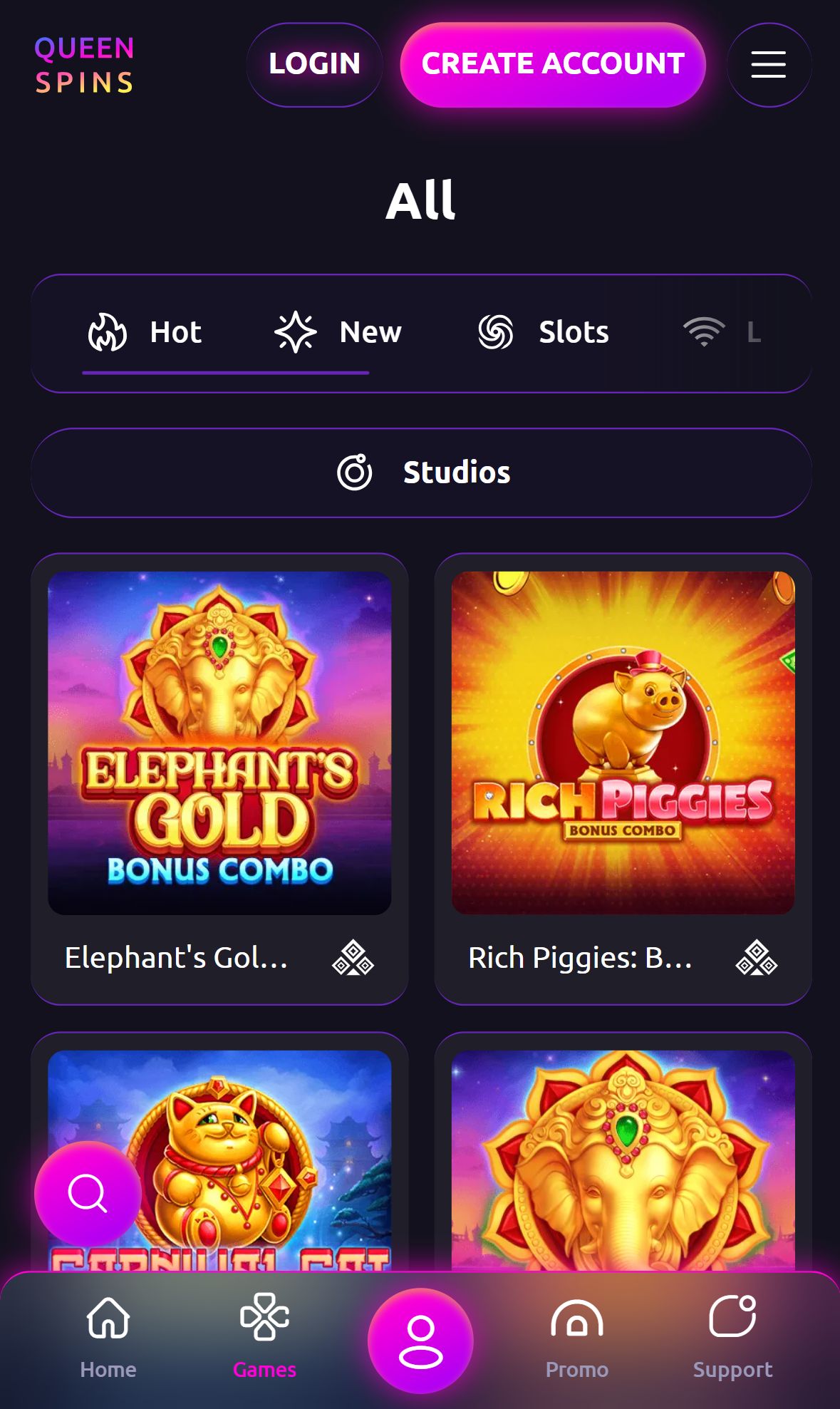 Queenspins — Lobby (Mobile)