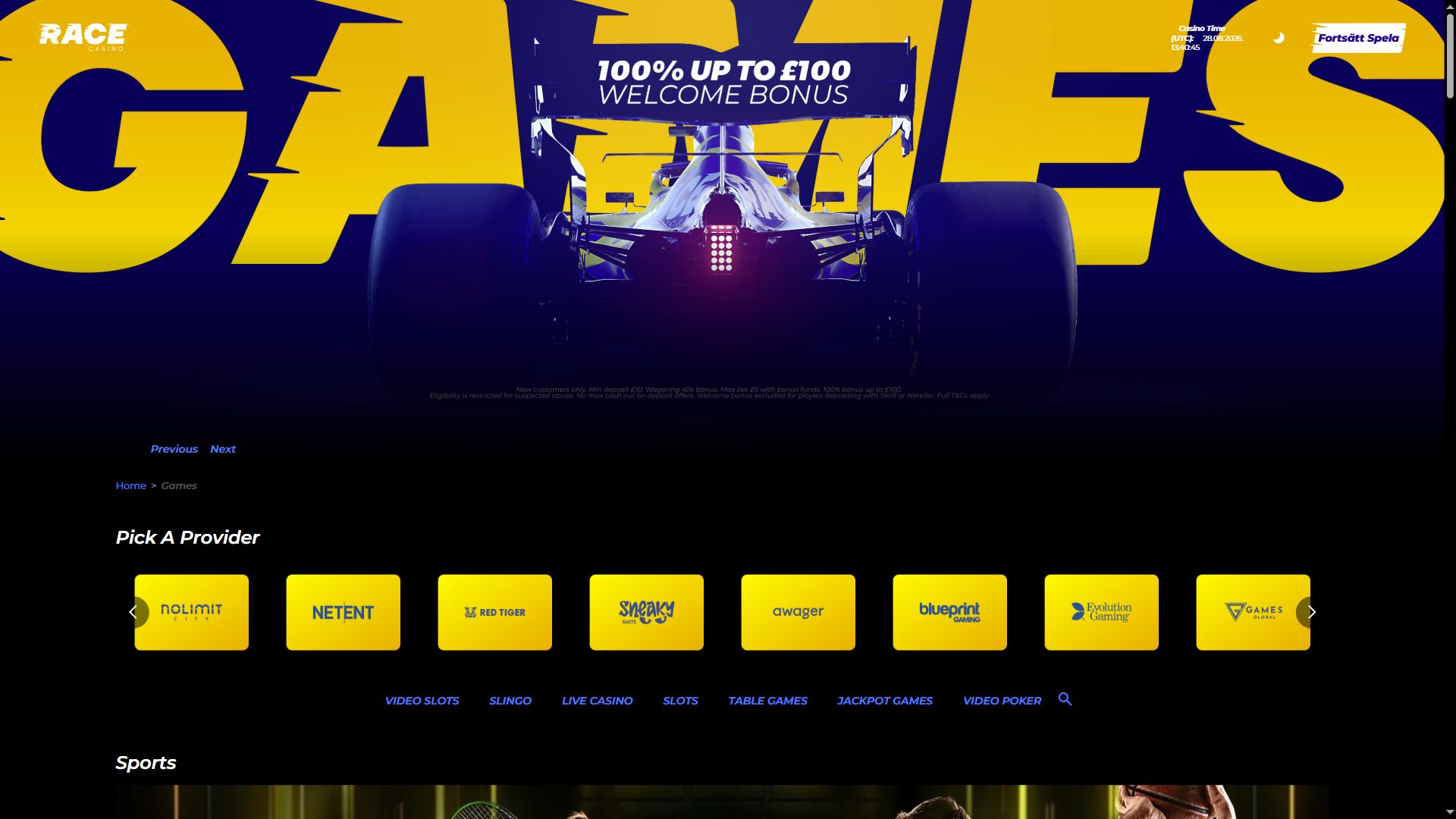 Race Casino — Homepage (Desktop)