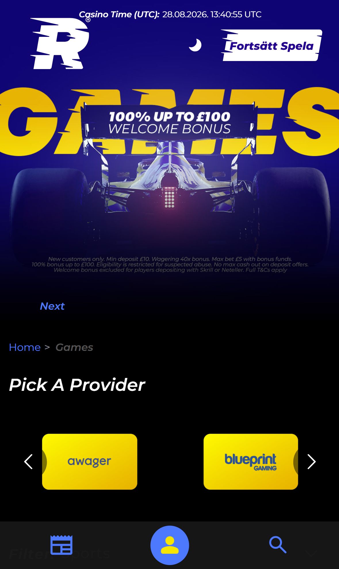 Race Casino — Homepage (Mobile)