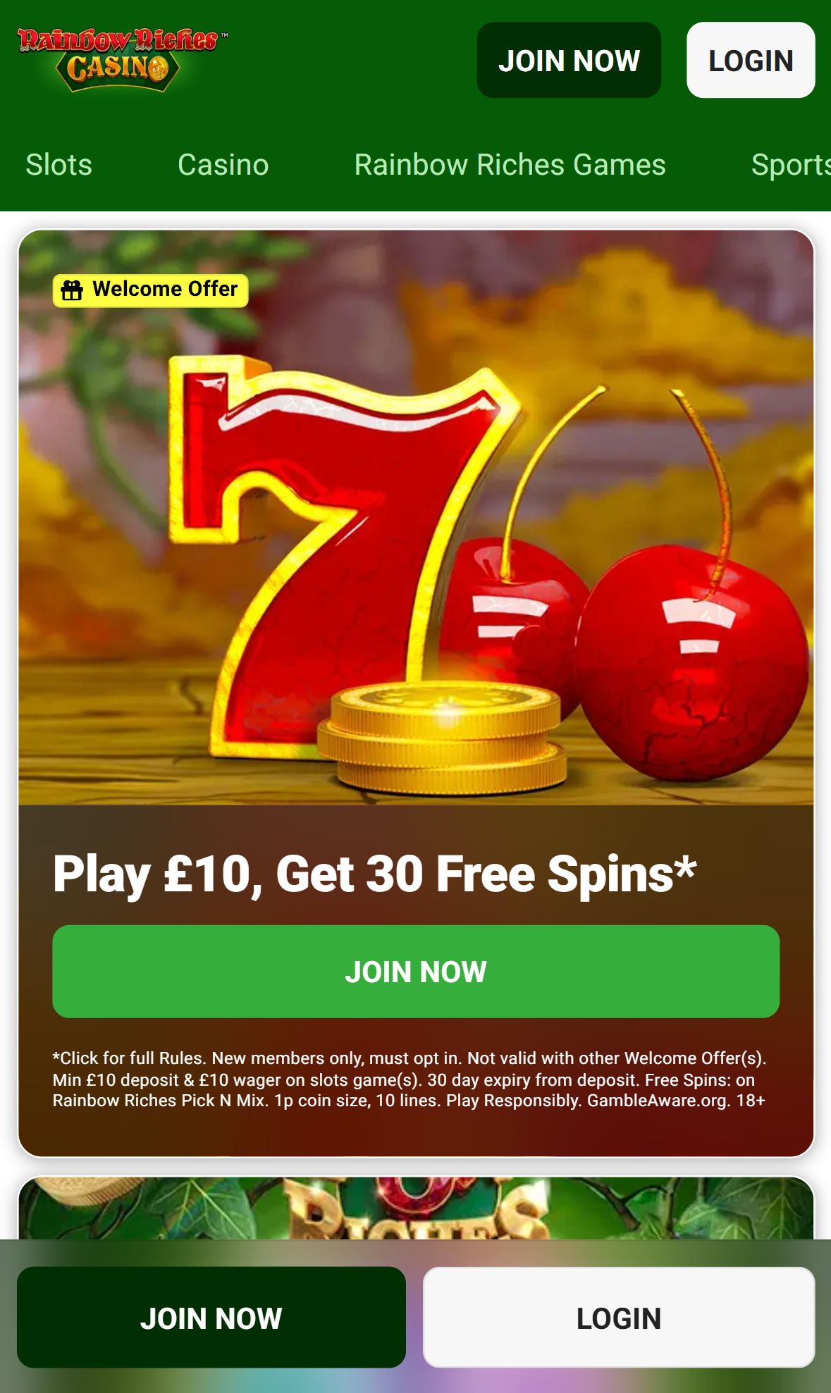 Rainbow Riches Bingo — Homepage (Mobile)