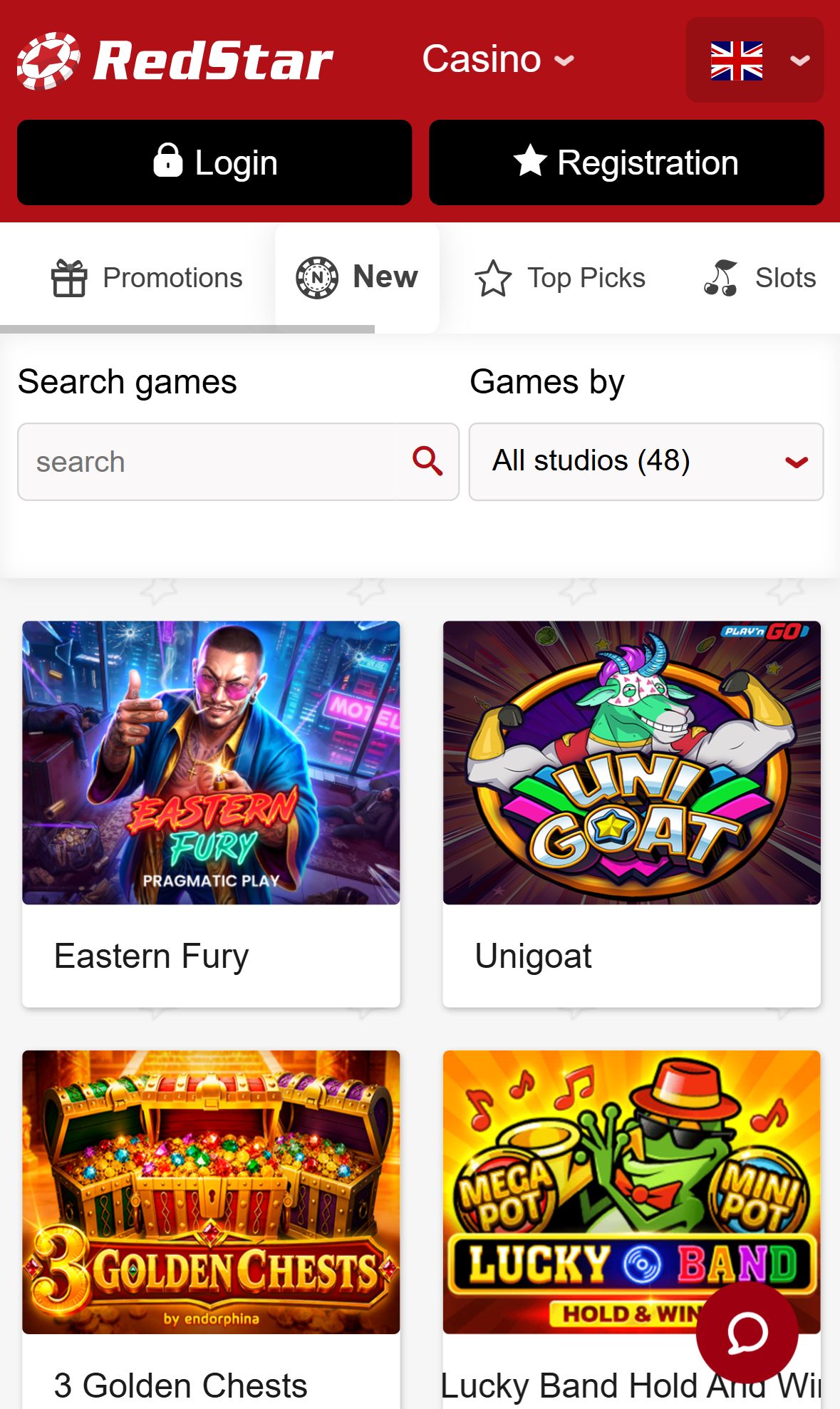 Redstarcasino — Lobby (Mobile)