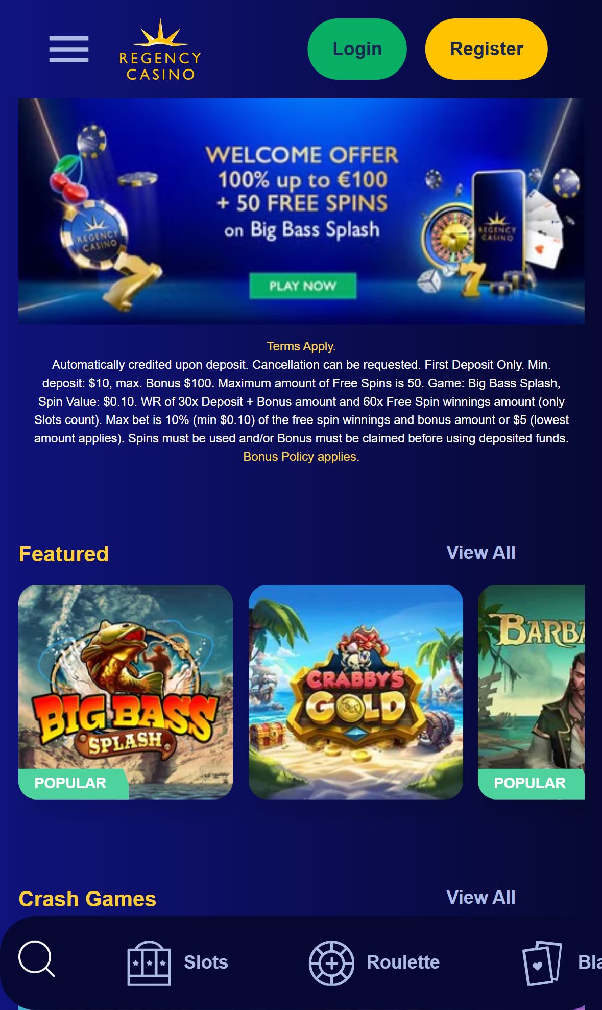 Regency Casino — Homepage (Mobile)