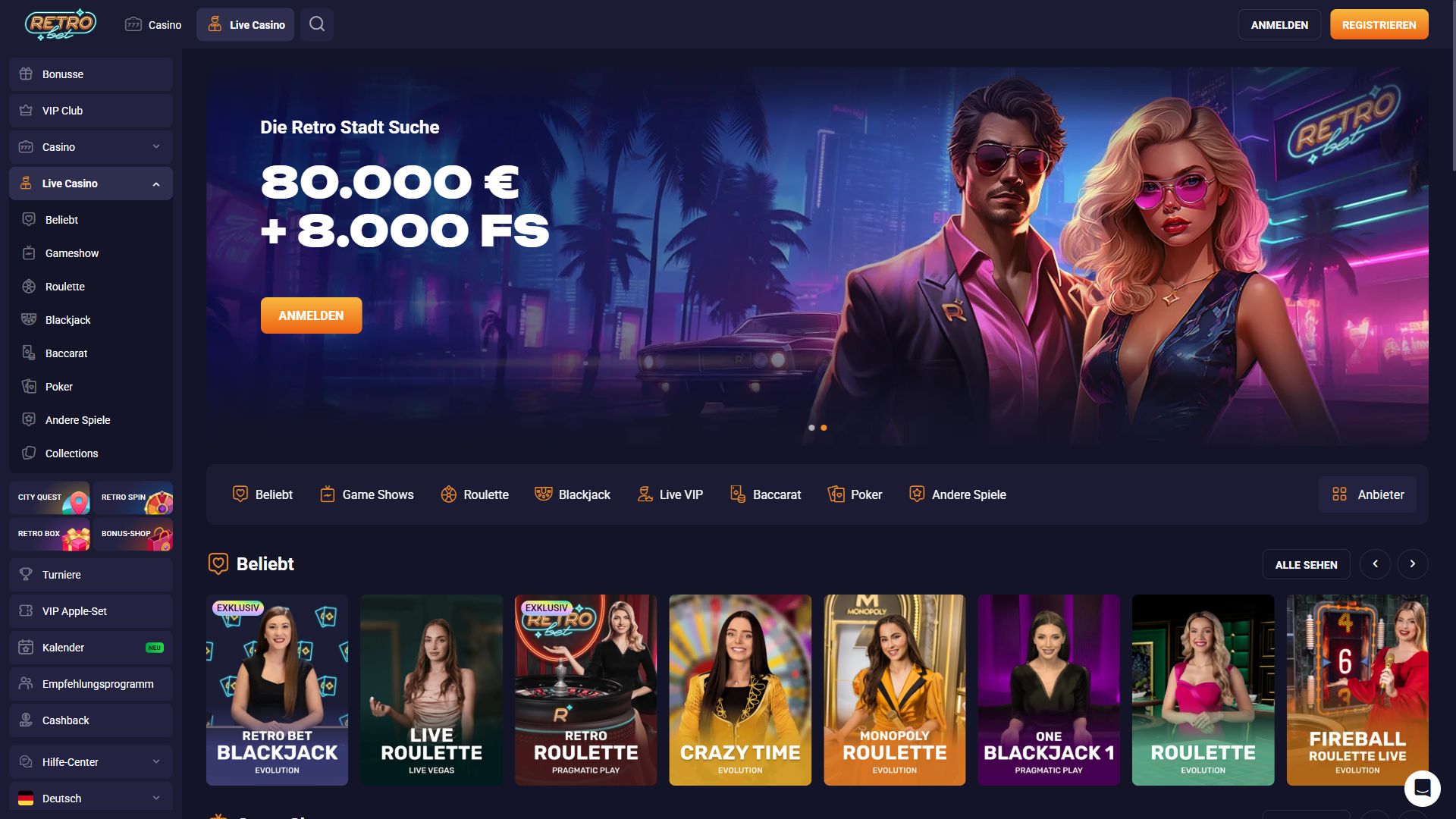 Retro Bet — Lobby (Desktop)