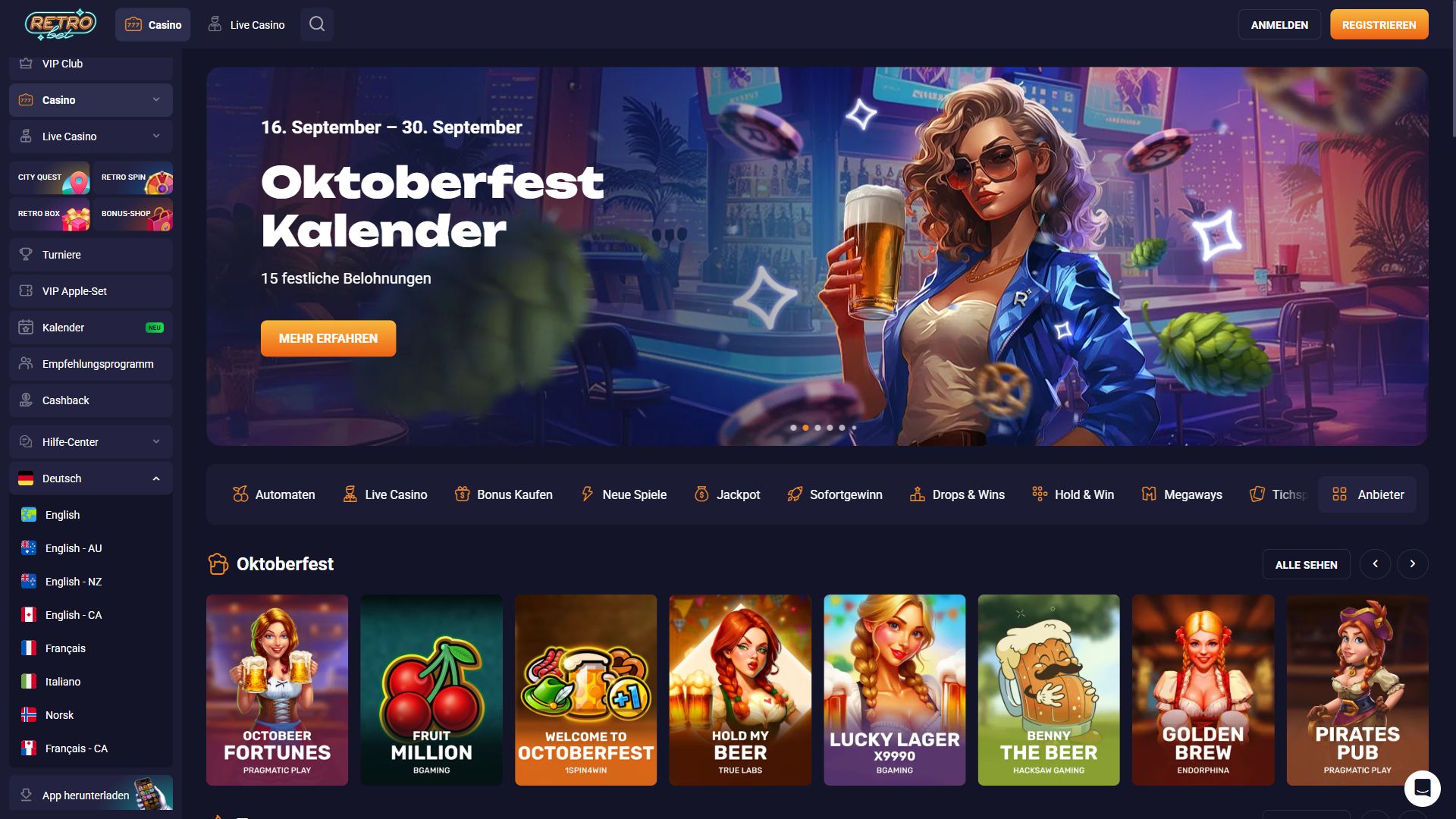 Retro Bet — Startseite (Desktop)