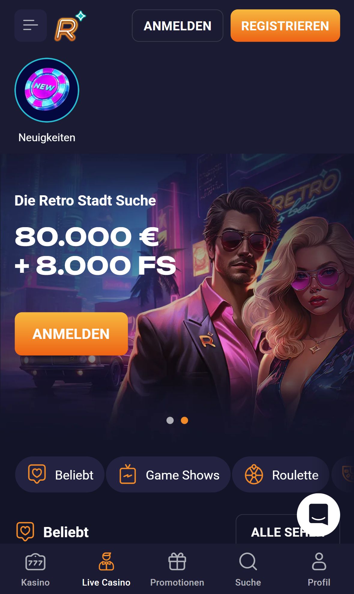 Retro Bet — Startseite (Mobil)