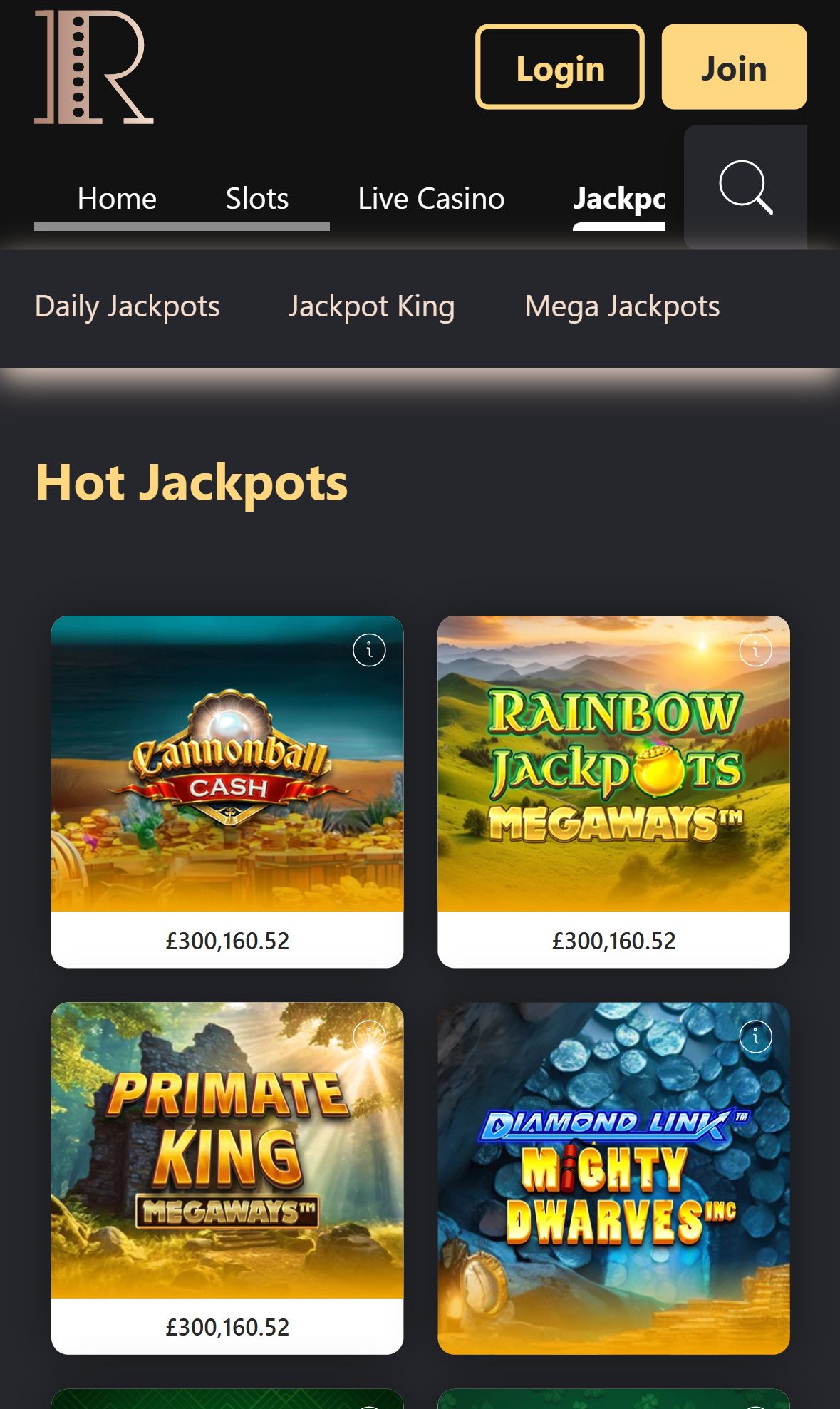 Rialto Casino — Lobby (Mobile)